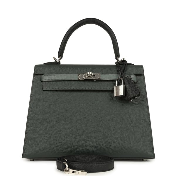Hermes Hermes Kelly Sellier 25 Tri-Color Black, Vert Amande and Vert Mangrove Epsom Palladium Hardware