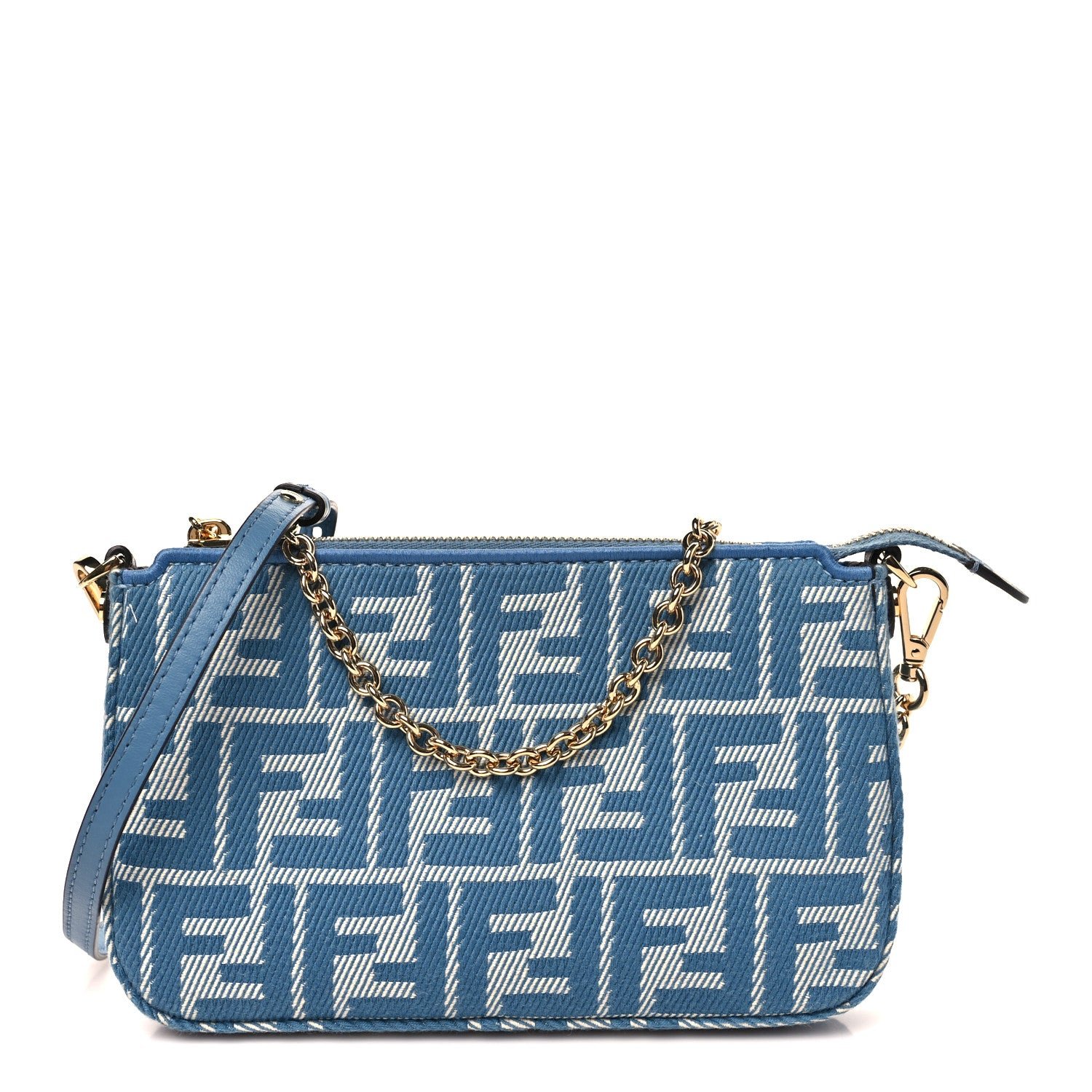 Fendi Denim Effect Fabric Jacquard FF Baguette Pouch Blue