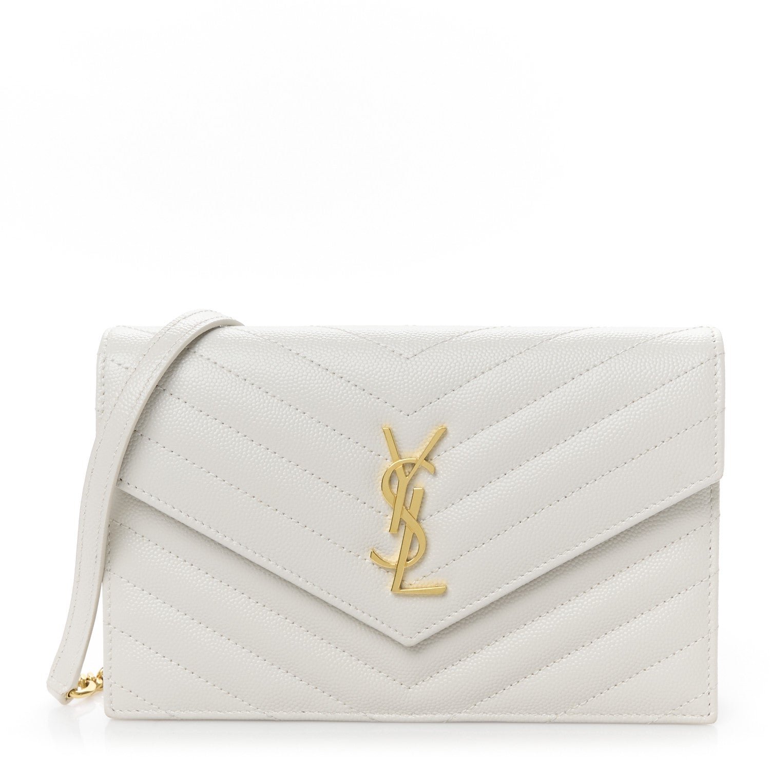 Saint Laurent Grain De Poudre Matelasse Chevron Monogram Envelope Chain Wallet Crema Soft