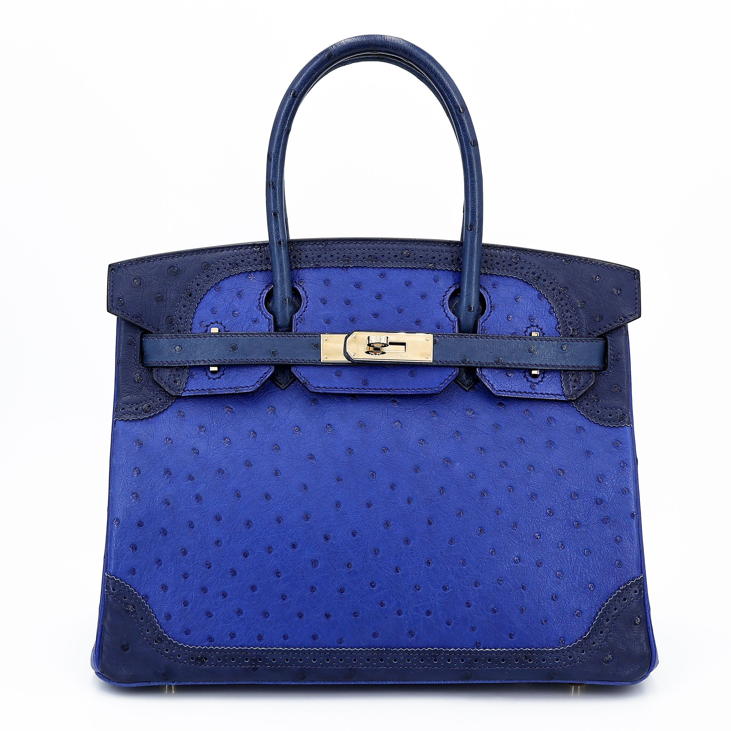 Hermes Very Good ( Rank A) HERMÈS Birkin Ghillies 30 Bleu Iris (77) Bleu Saphir (73) Ostrich Permabrass hardware Square R (2014)