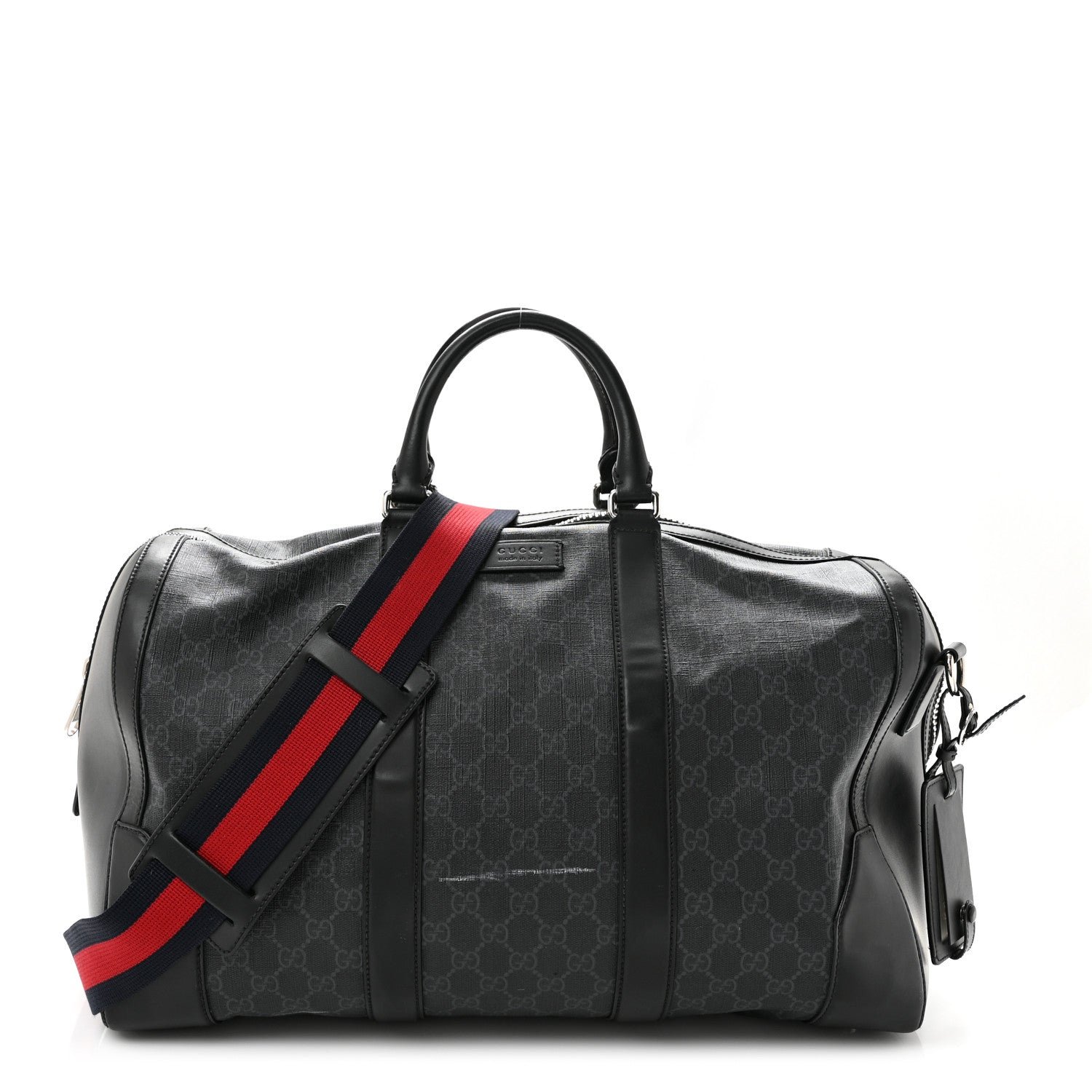 Gucci Soft GG Supreme Monogram Appia Calfskin Web Medium Carry On Duffle Bag Black Grey