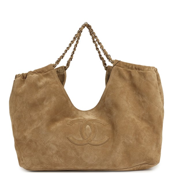 Chanel Maxi CC Cabas Hobo Bag Dark Beige Suede Gold Hardware