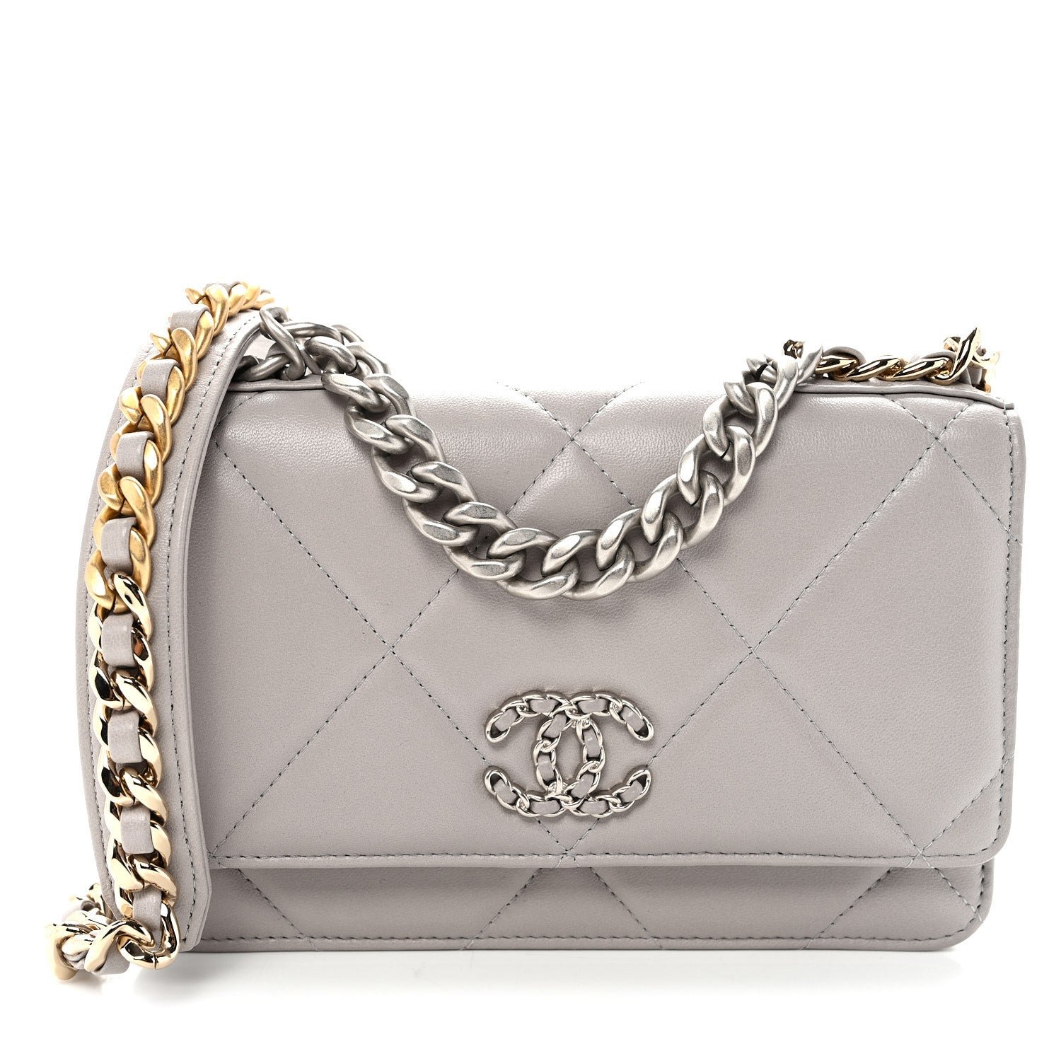Chanel Lambskin Quilted Chanel 19 Wallet On Chain WOC Grey