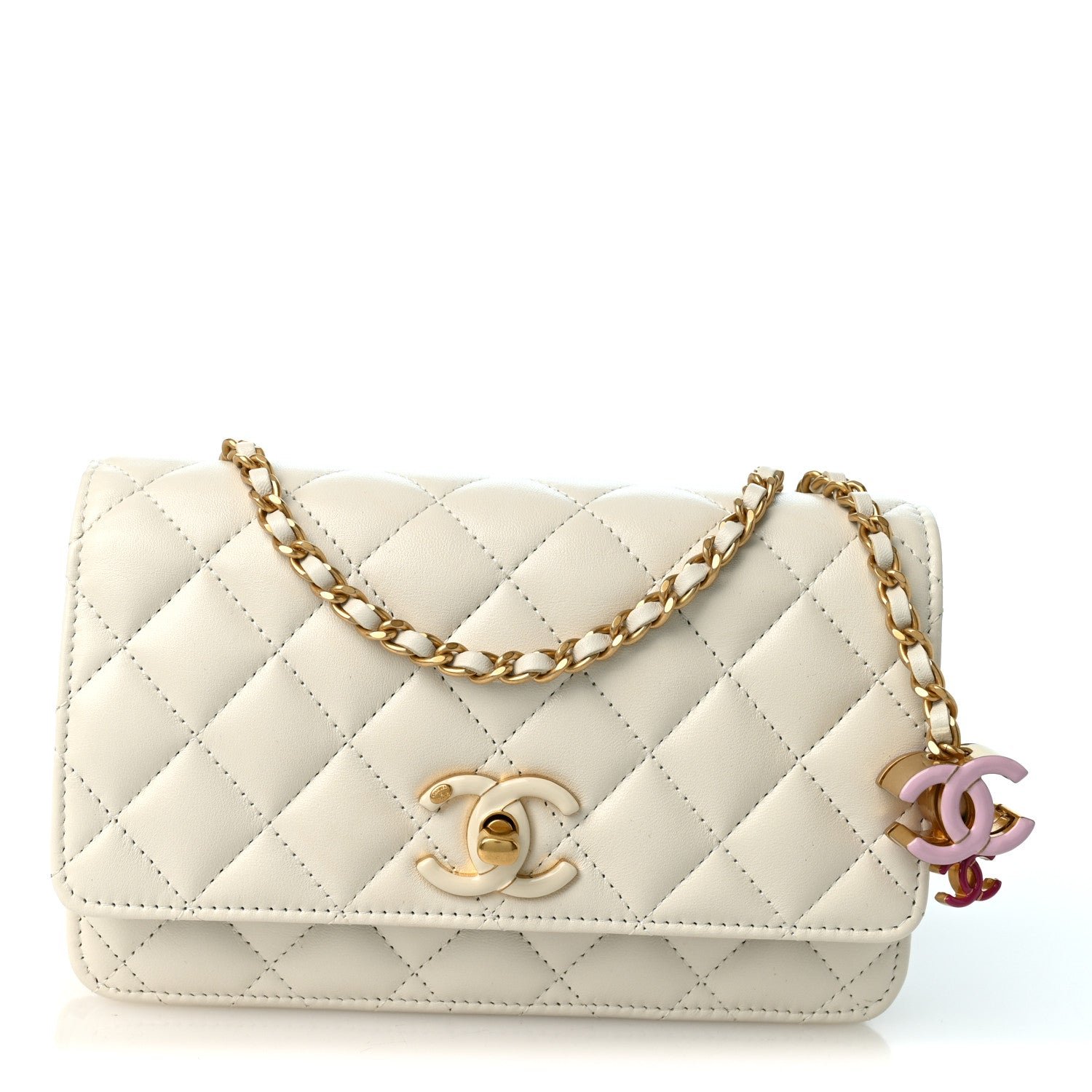 Chanel Lambskin Enamel Quilted CC Slide Wallet On Chain WOC White
