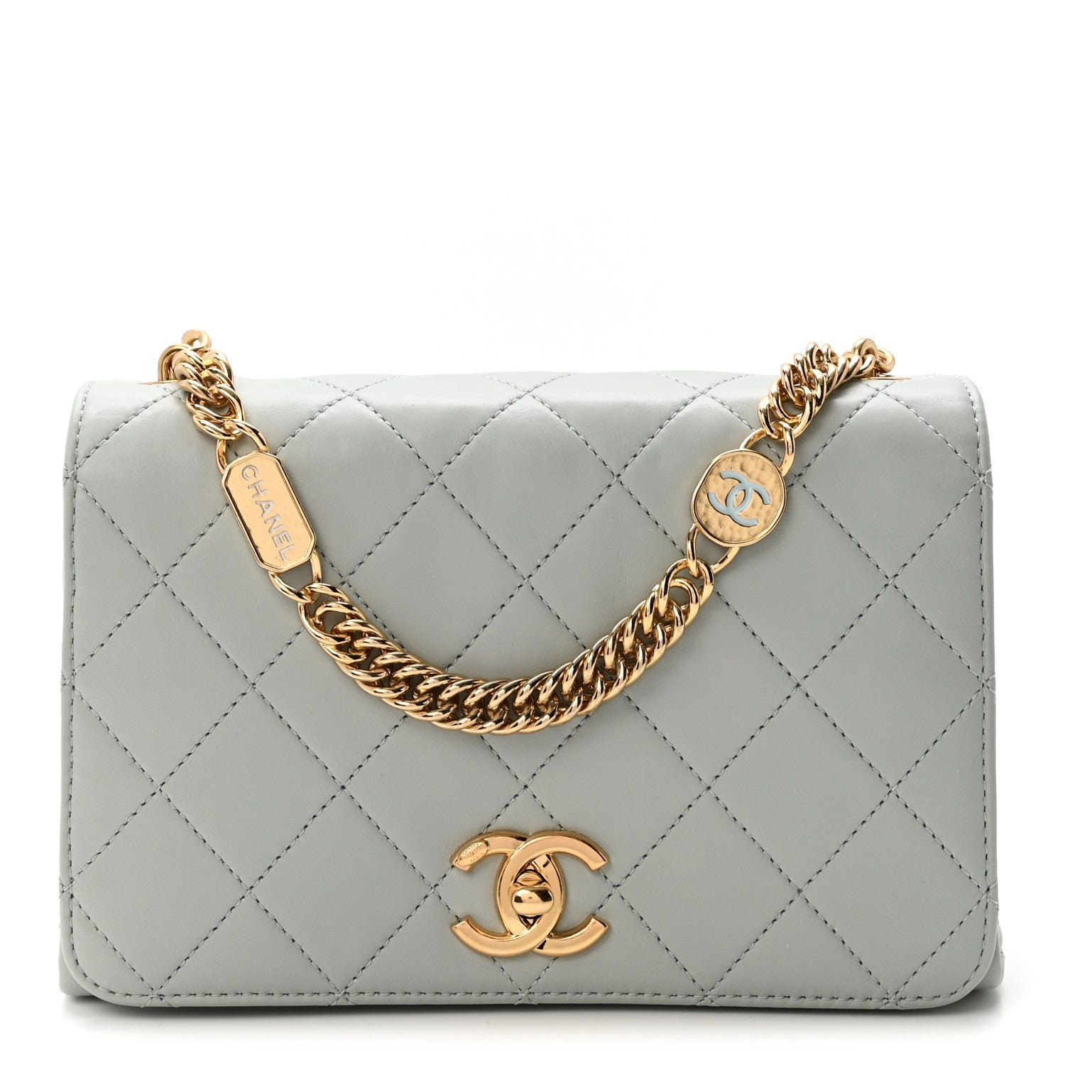 Chanel Calfskin Quilted Enamel Chain Flap Grey