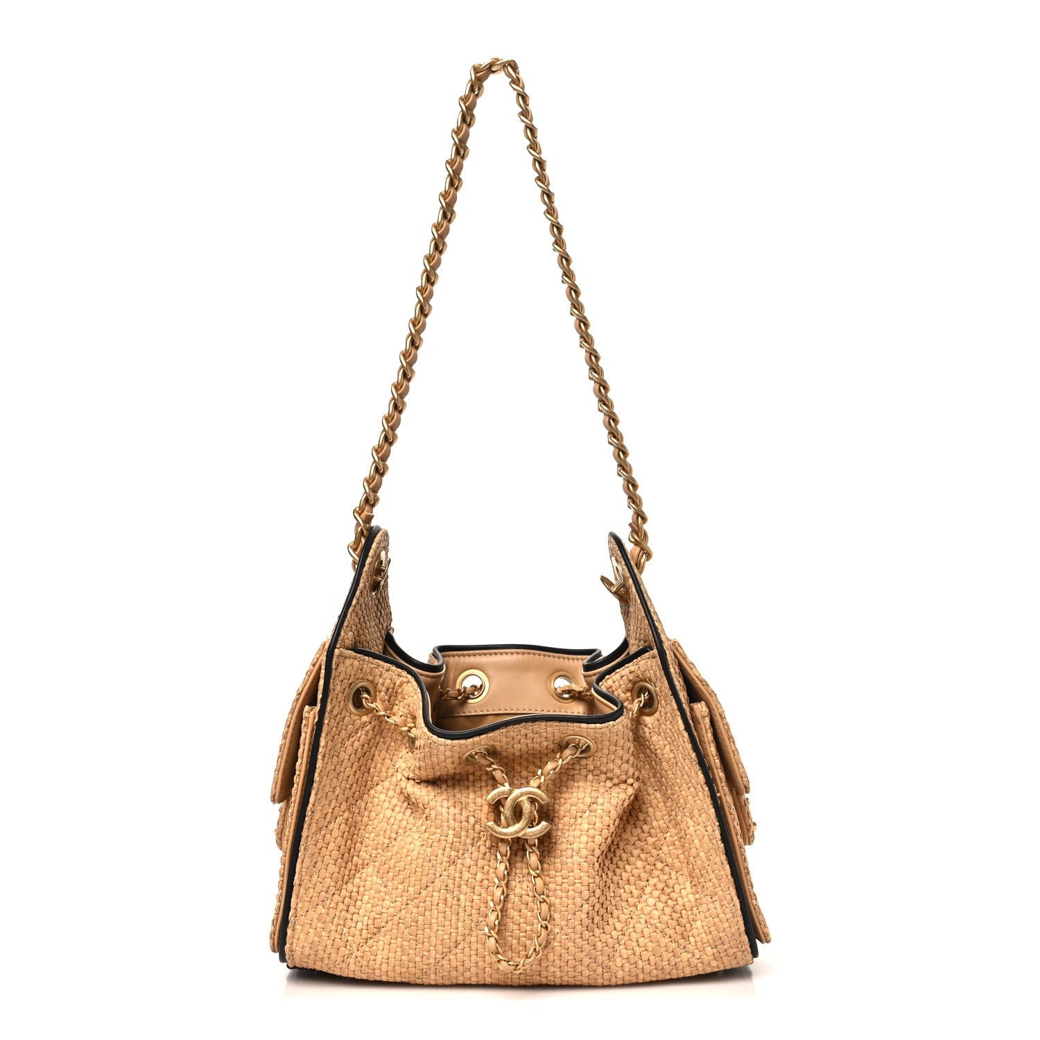 Chanel Braided Raffia Calfskin Quilted Mini Chanel 25 Handbag Beige Black