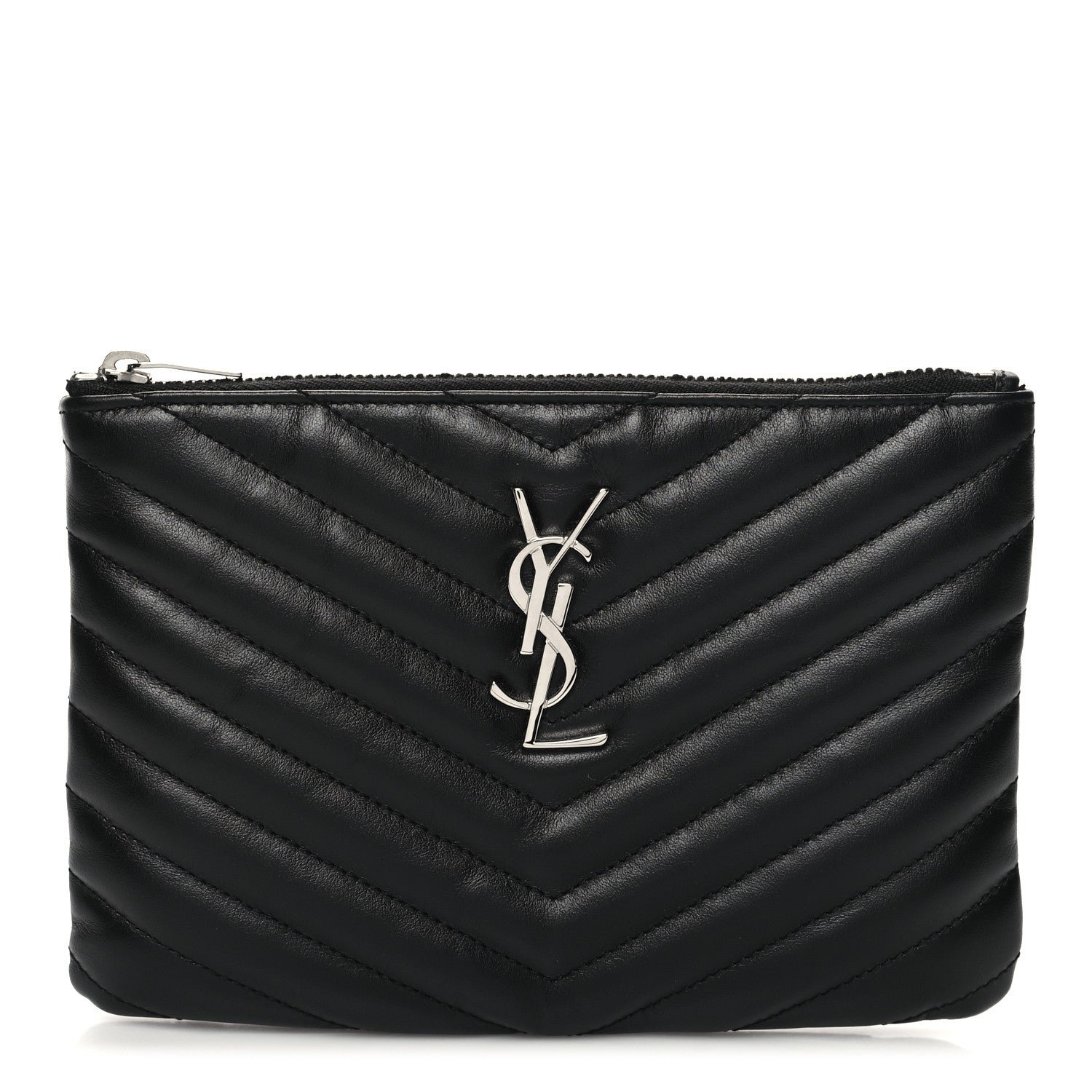 Saint Laurent Calfskin Matelasse Chevron Monogram Pouch Black