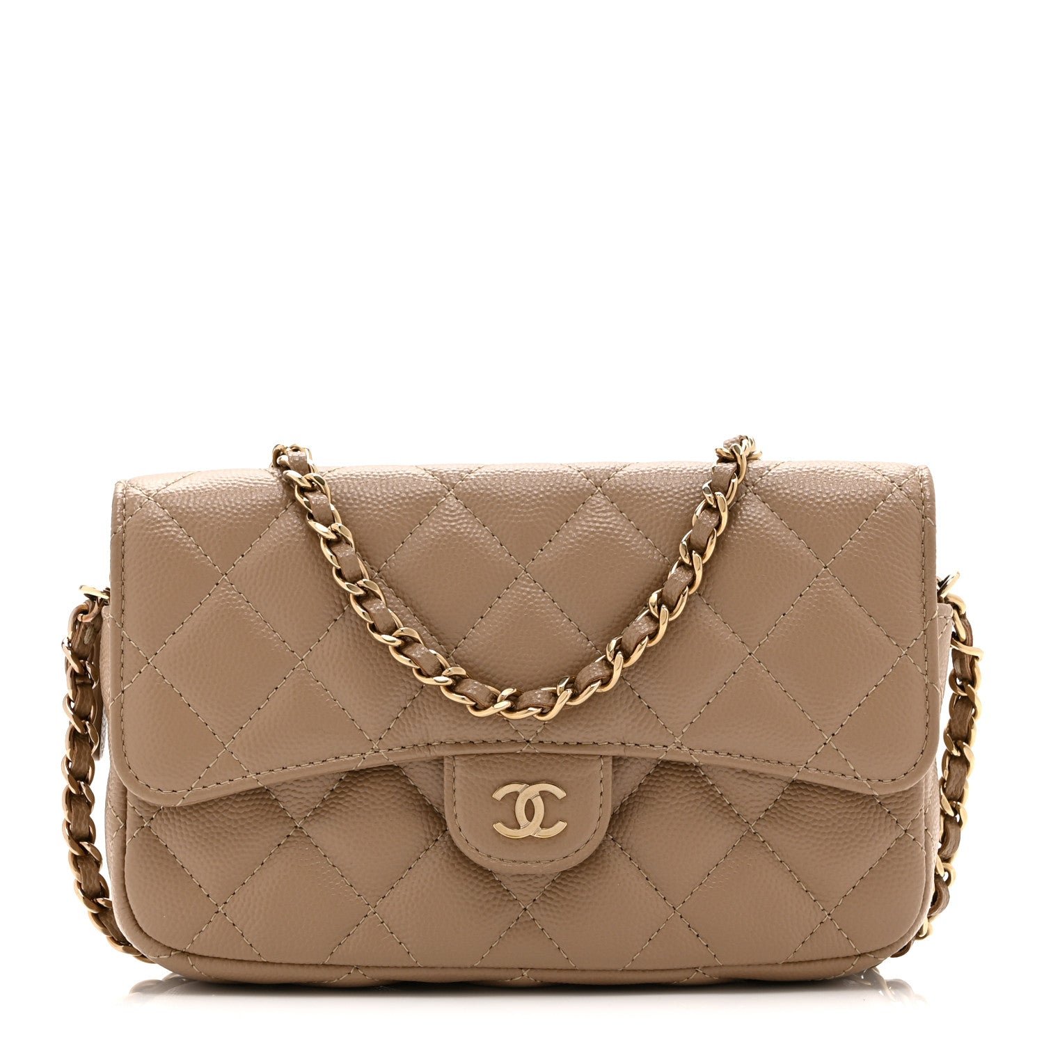 Chanel Caviar Quilted Flap Phone Holder With Chain Beige