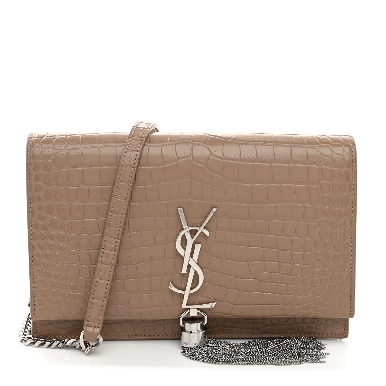 Saint Laurent Calfskin Crocodile Embossed Kate Monogram Tassel Chain Wallet  Dark Beige