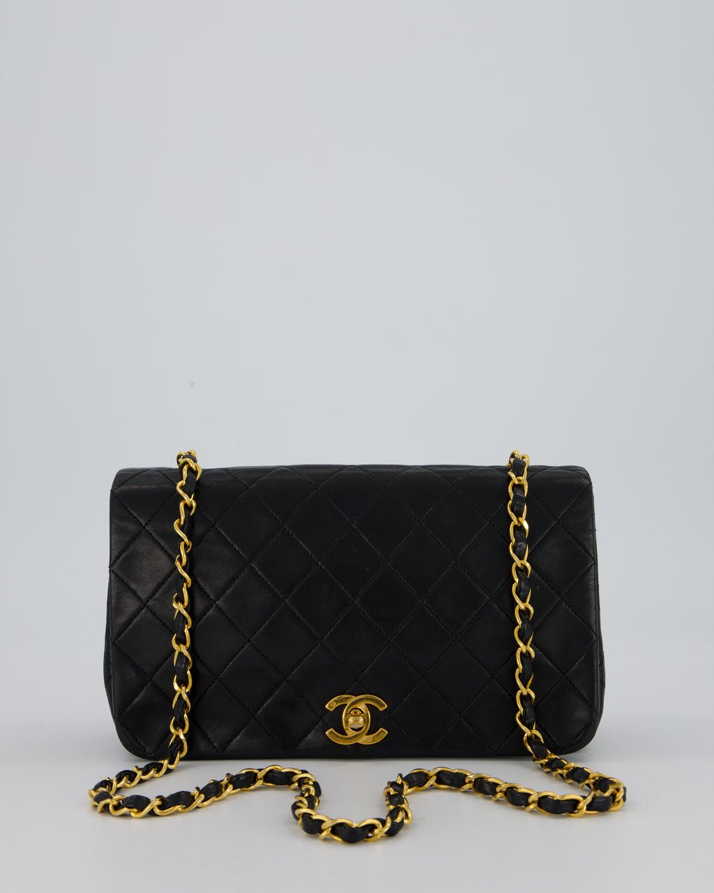 Chanel Vintage Black Full Flap Rectangular Bag in Lambskin Leather with 24K Gold Hardware