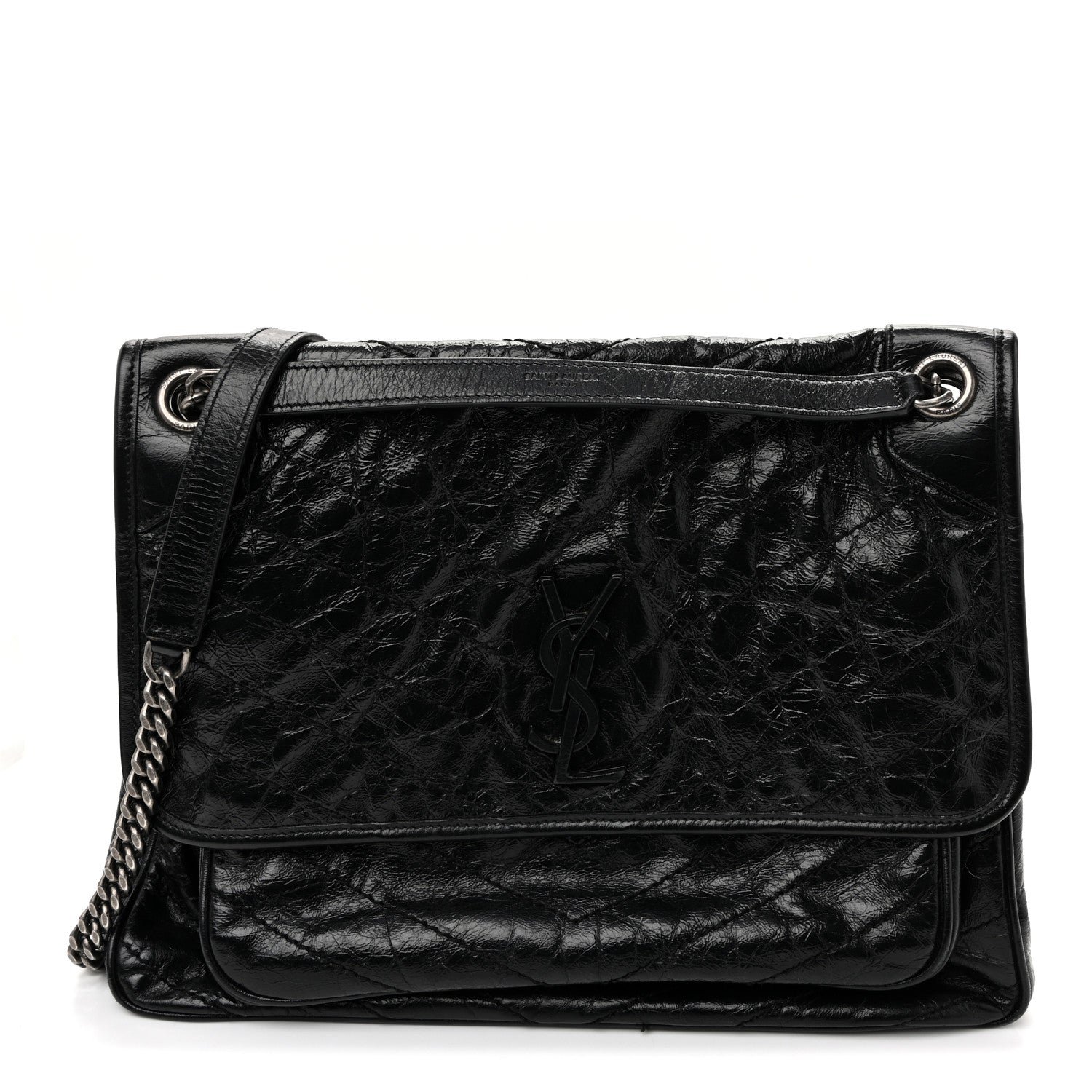Saint Laurent Crinkled Calfskin Matelasse Monogram Large Niki Chain Satchel Black Black