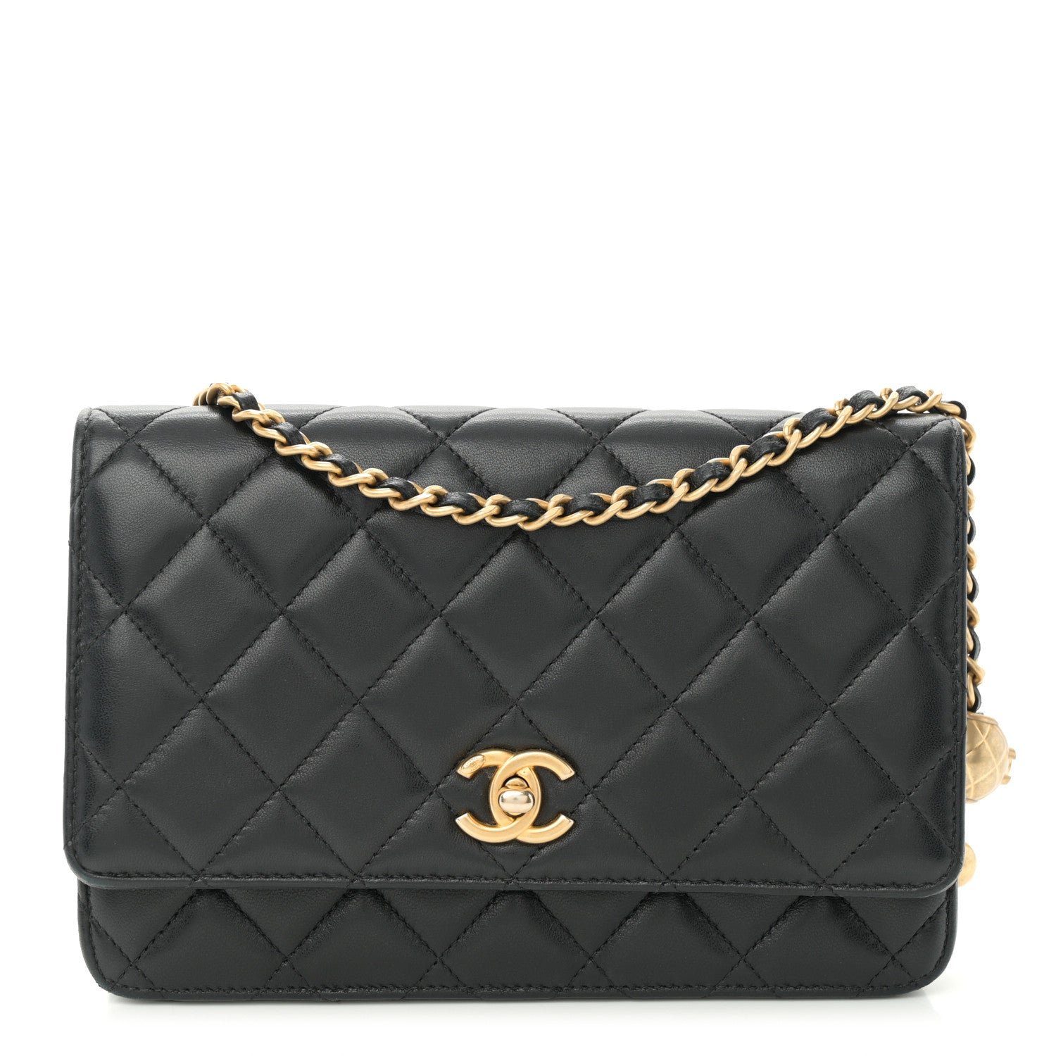Chanel Lambskin Quilted CC Pearl Crush Wallet on Chain WOC Black