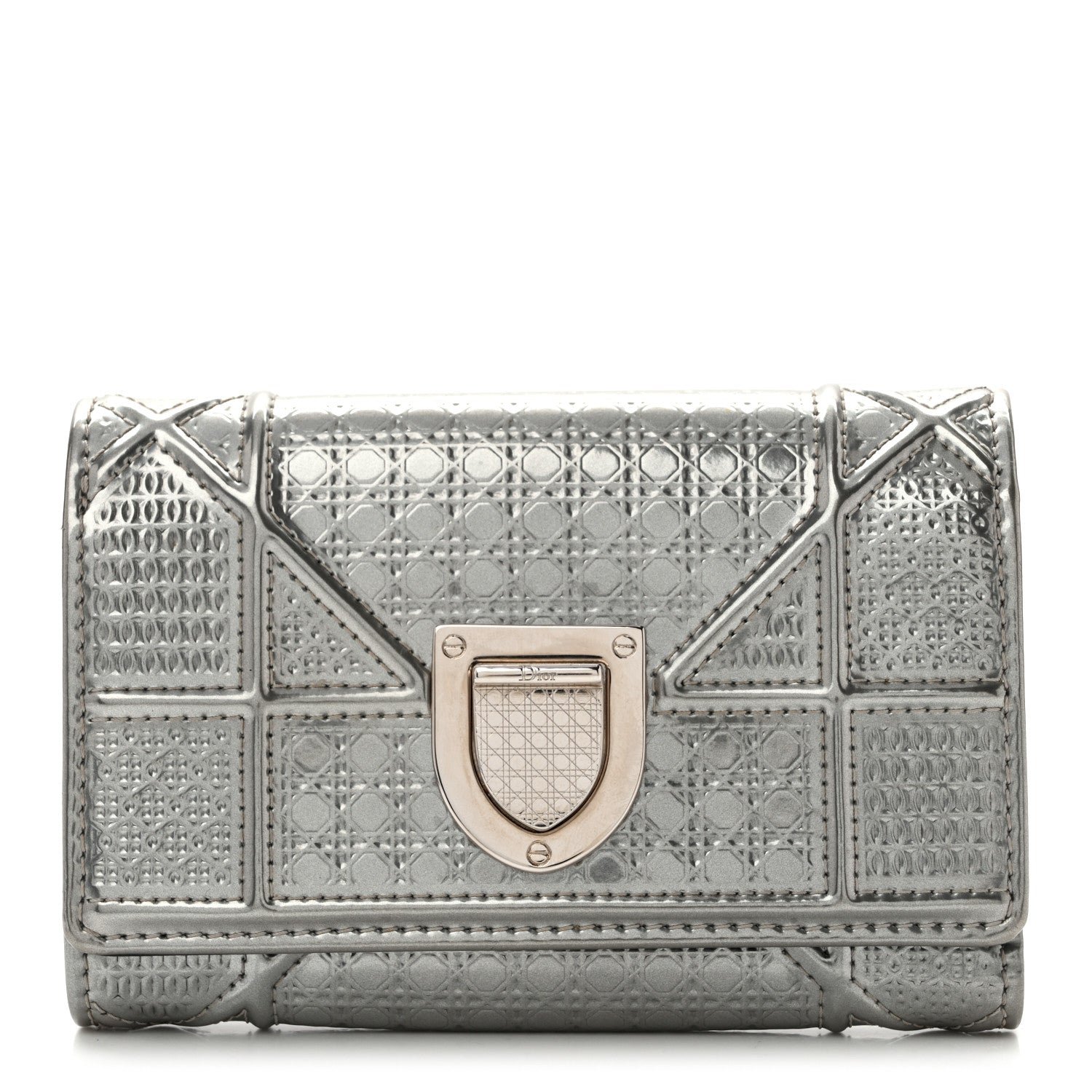 Christian Dior Metallic Patent Micro-Cannage Diorama Elancee Wallet Onyx Silver