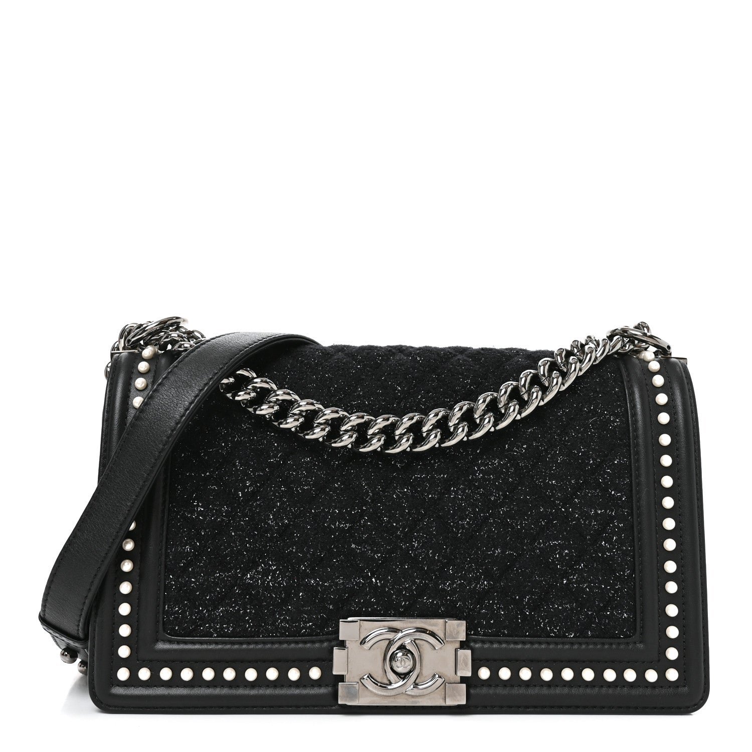 Chanel Calfskin Pearl Tweed Medium Boy Flap Black