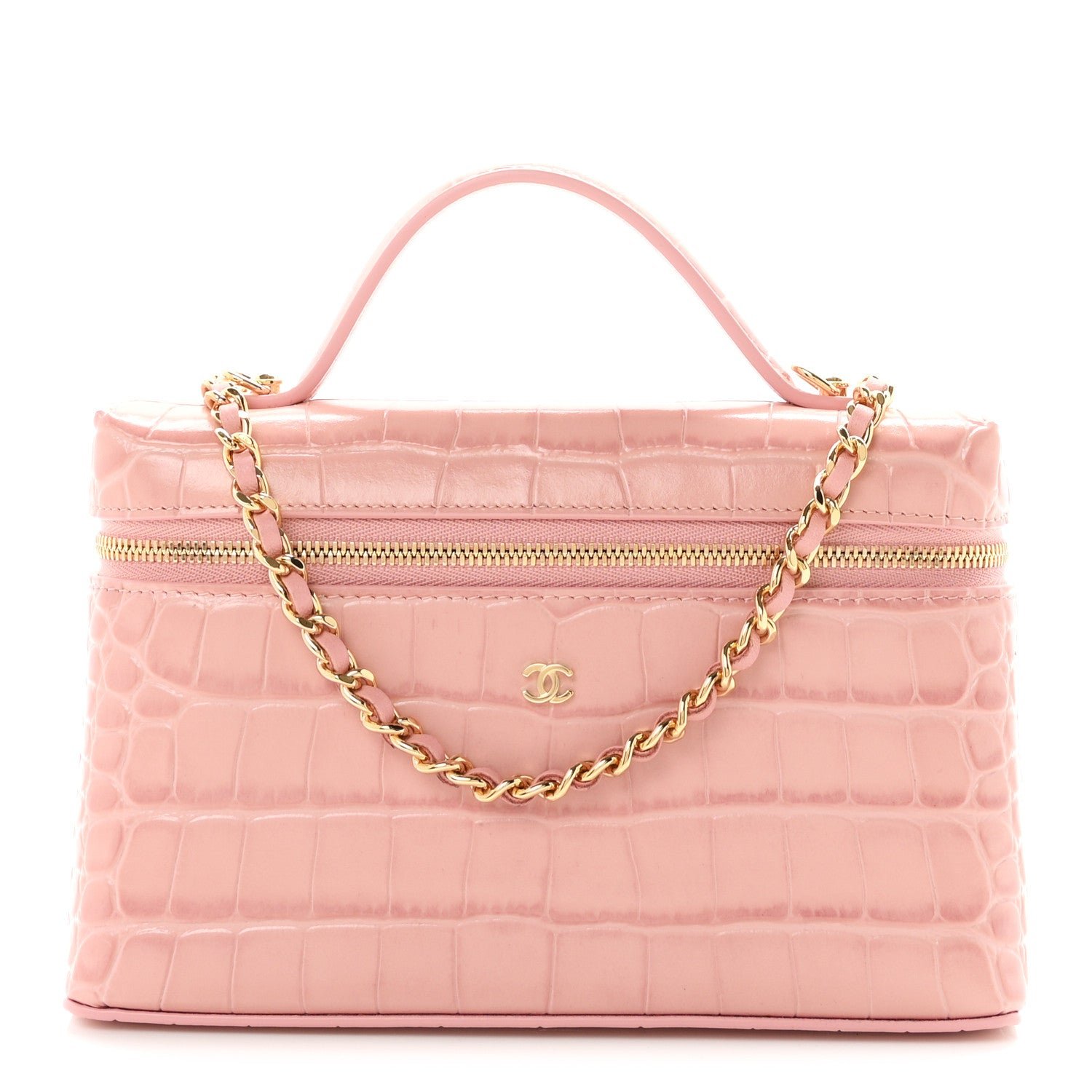 Chanel Calfskin Crocodile Embossed Crococo Top Handle Slim Vanity Case With Chain Light Pink