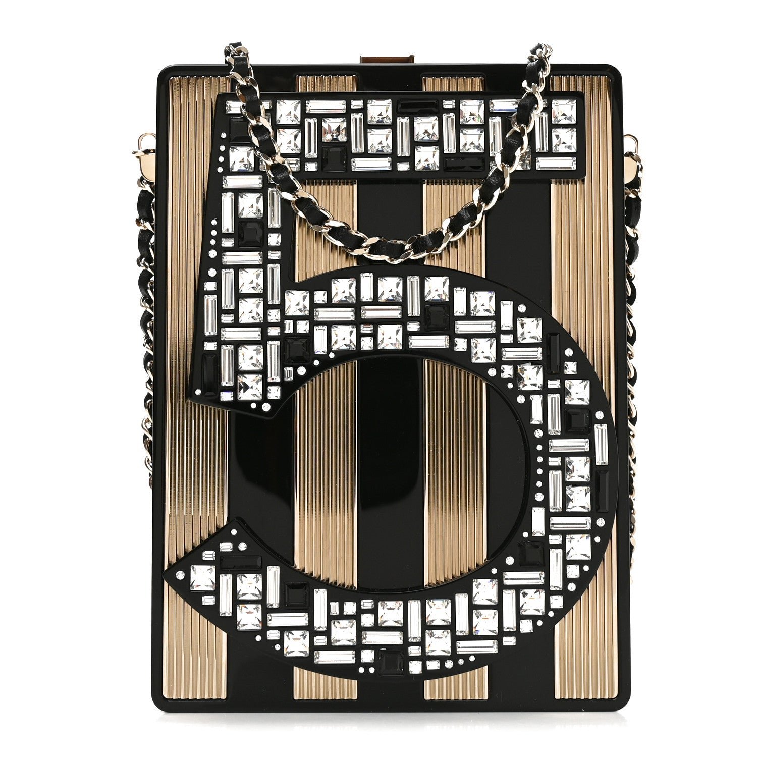Chanel Plexiglass Strass Mosaic No 5 Minaudiere Clutch Black Gold