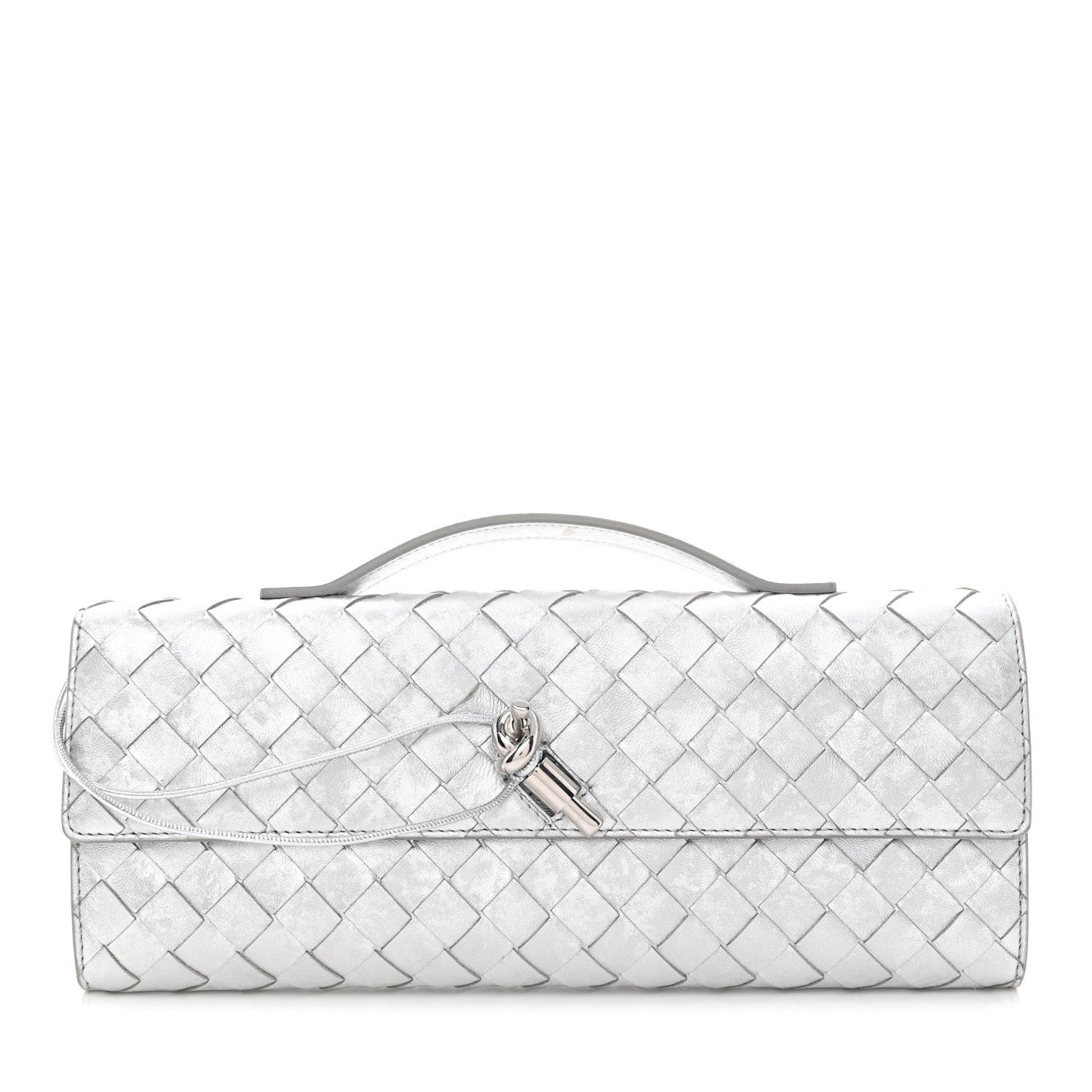 Bottega Veneta Metallic Lambskin Intrecciato Long Andiamo Top Handle Clutch Silver