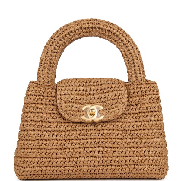 Chanel Small Kelly Dark Beige Raffia Brushed Gold Hardware