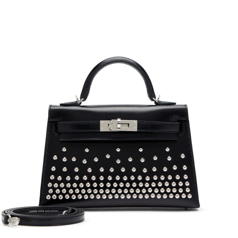 Hermes Limited Edition Black Box Cloute Studded Mini Kelly II 20 Palladium Hardware, 2024