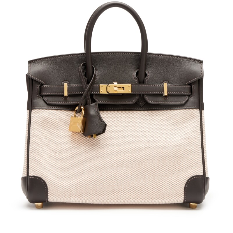 Hermes Limited Edition Bai Brun Swift and Écru and Beige Toile H Birkin 25 Gold Hardware, 2025