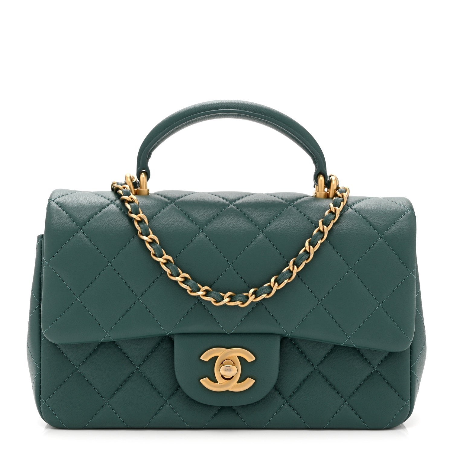 Chanel Lambskin Quilted Mini Top Handle Rectangular Flap Green
