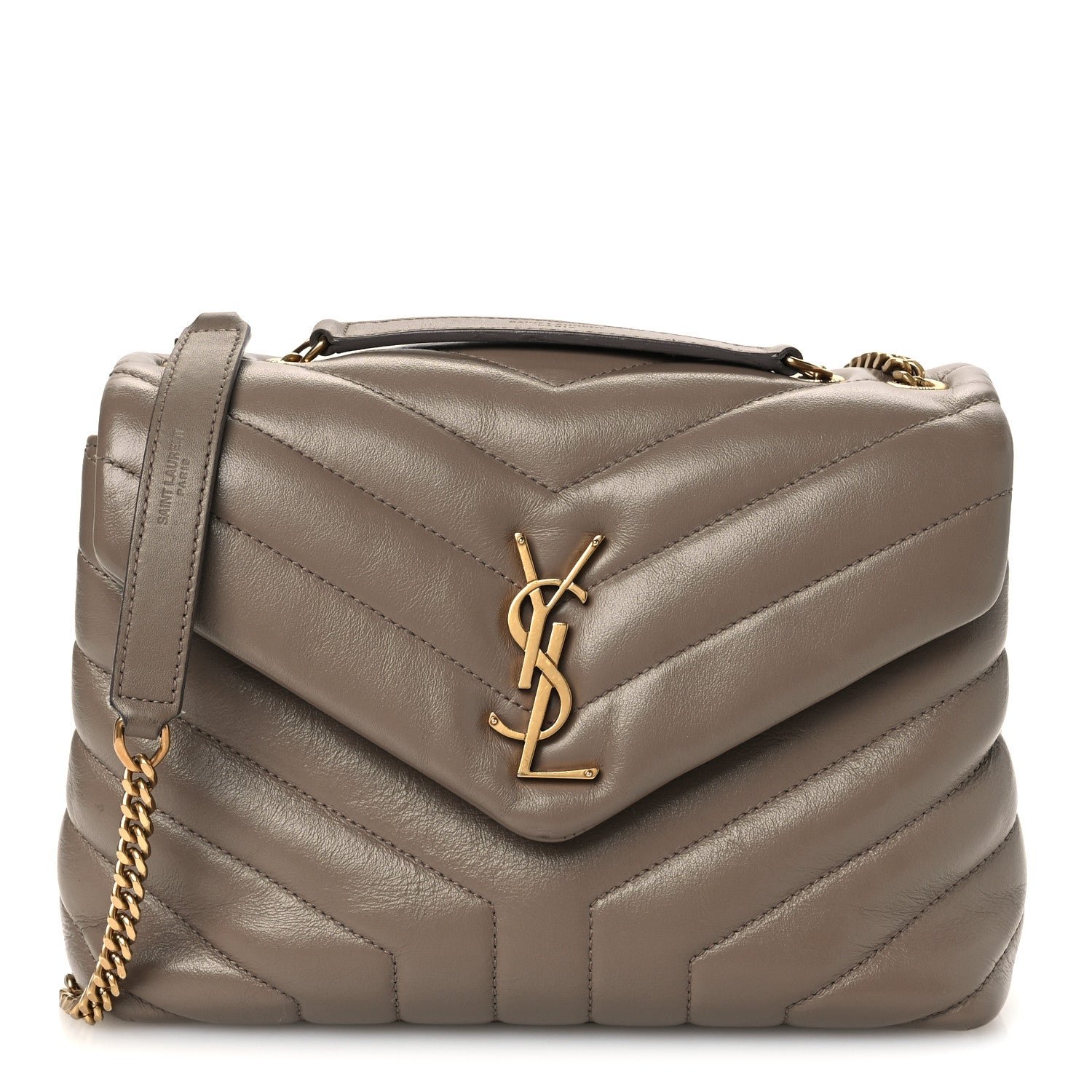 Saint Laurent Calfskin Y Quilted Monogram Small Loulou Chain Satchel Dark Beige