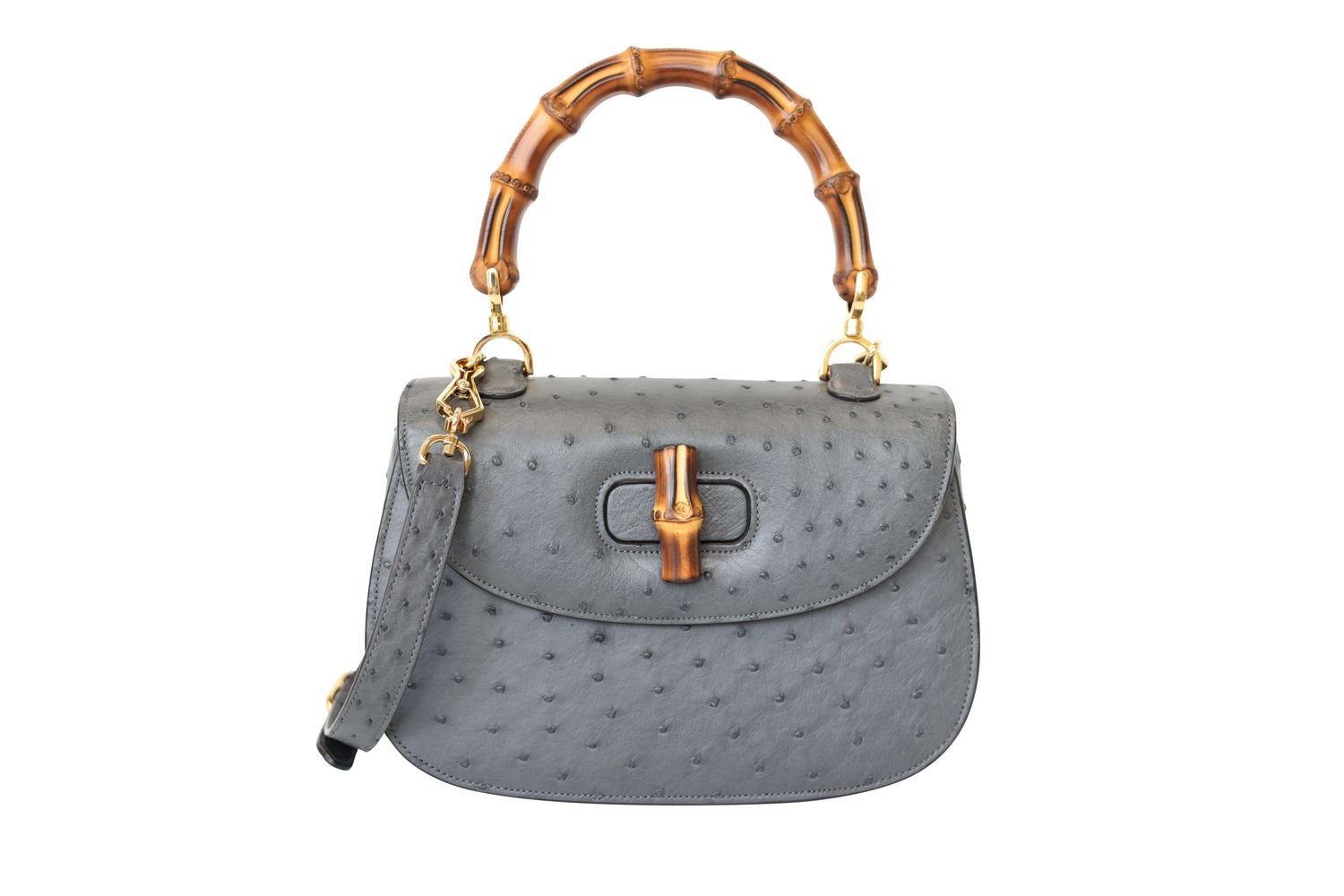 Gucci Bamboo Top Handle Bag, Gray Ostrich and Gold Hardware, Preowned No Dustbag WA001