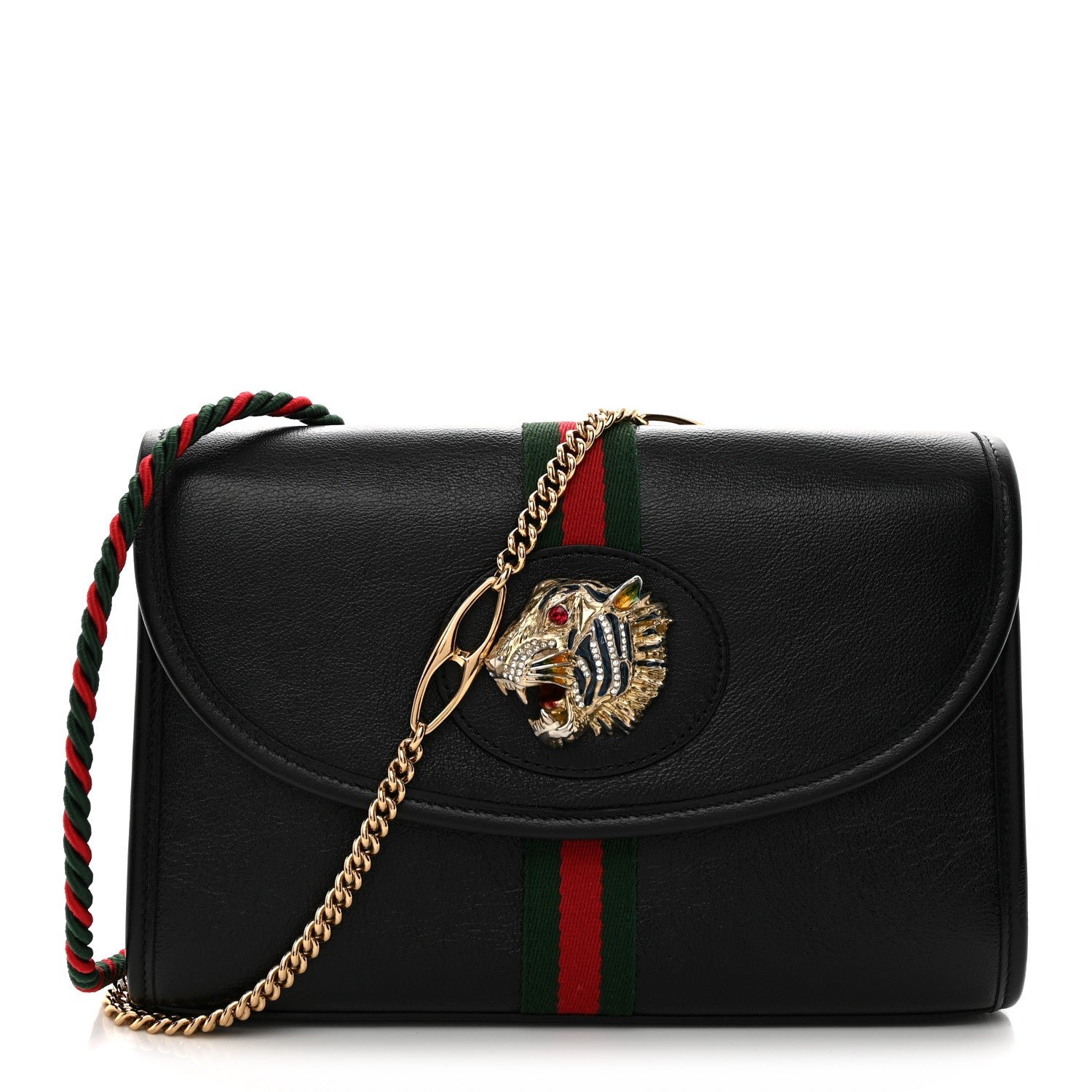 Gucci Textured Calfskin Web Small Rajah Slim Flap Shoulder Bag Black
