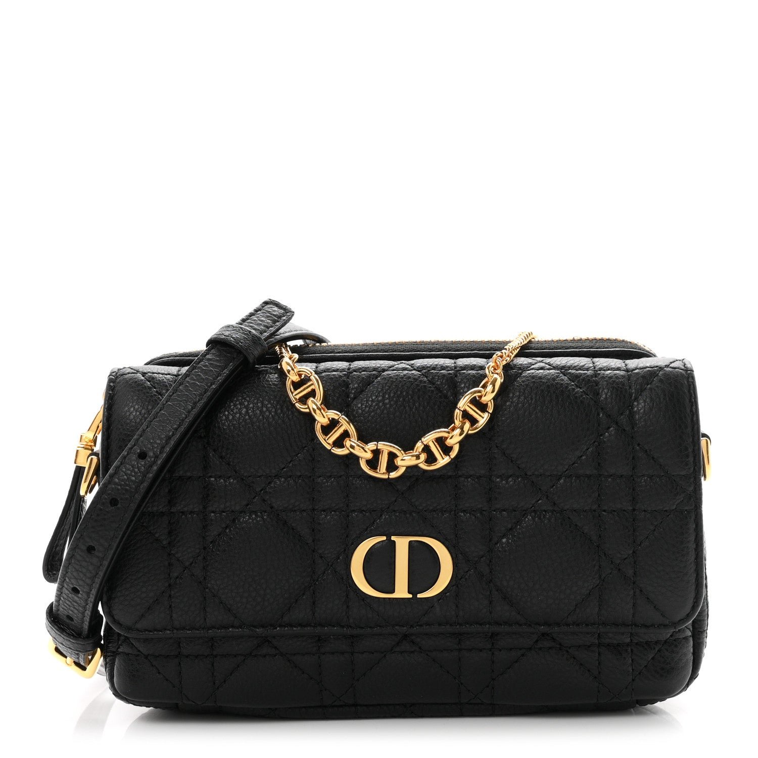 Christian Dior Supple Calfskin Cannage Caro Pouch With Chain  Black