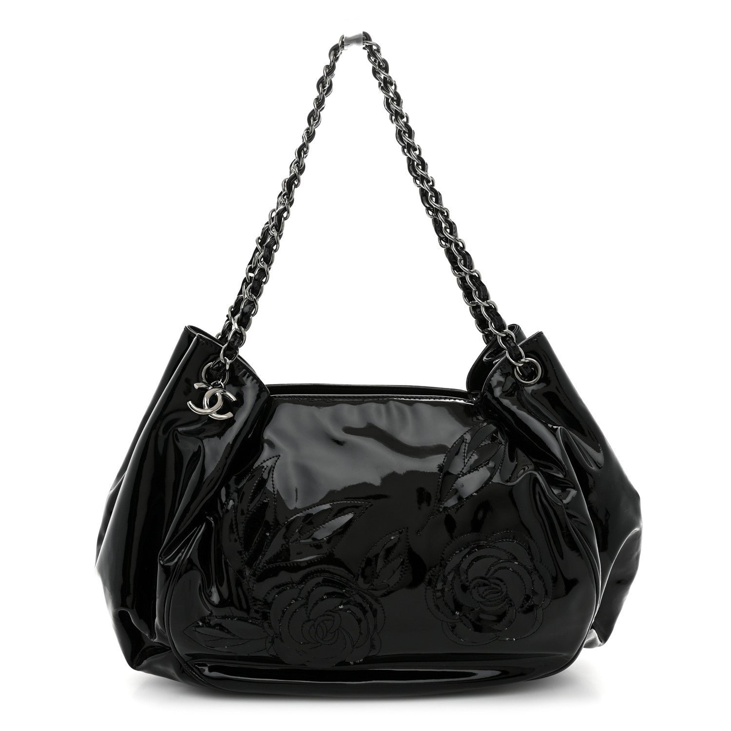 Chanel Patent Camellia Shoulder Bag Black