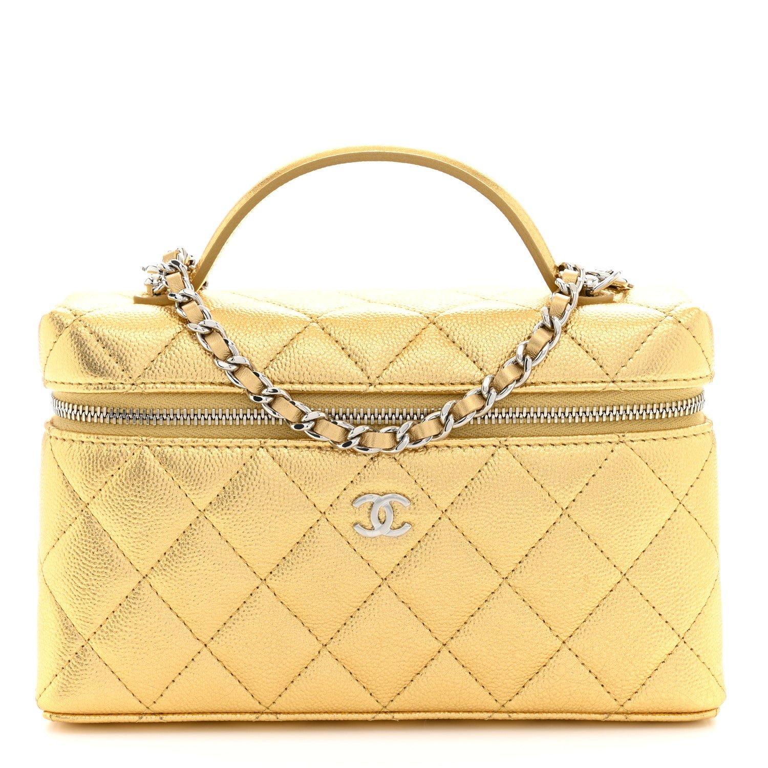 Chanel Metallic Caviar Quilted Top Handle Slim Vanity With Chain Gold
