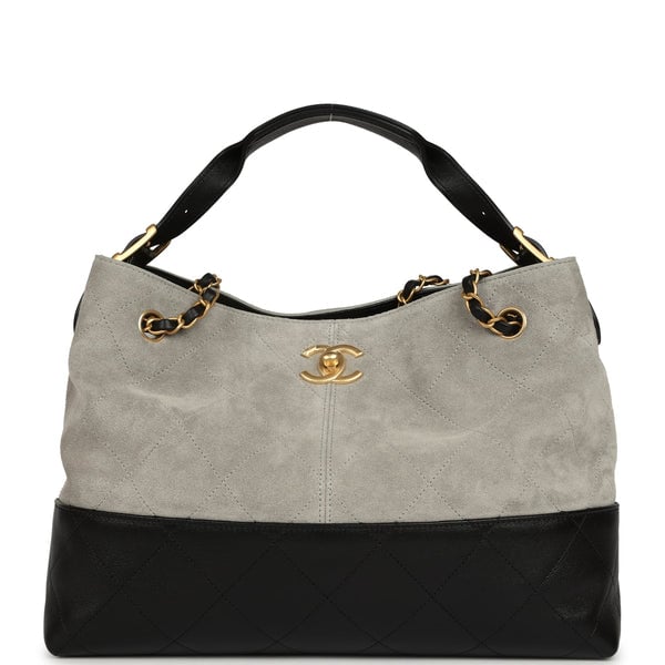 Chanel Small Coco Base Hobo Bag Grey Suede and Black Shiny Lambskin Brushed Gold Hardware