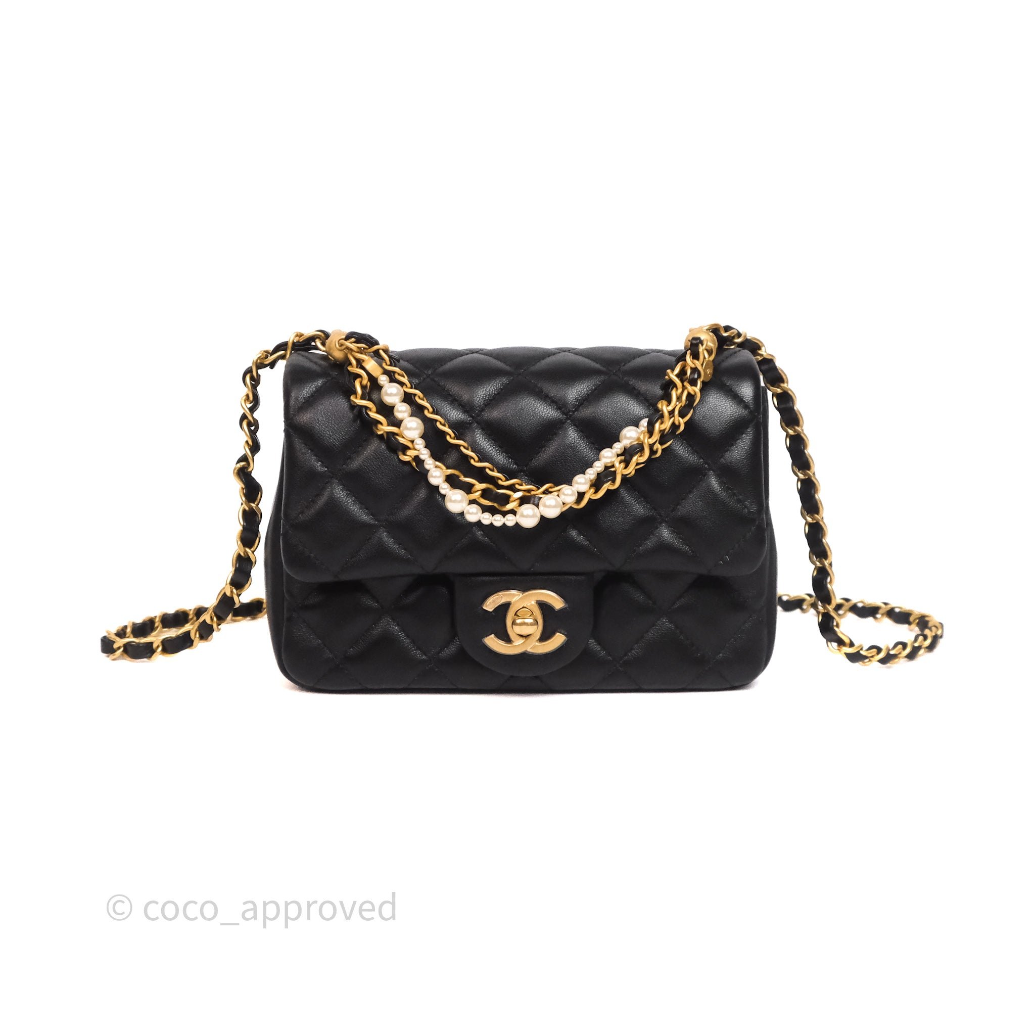 Chanel Pearl Chain Mini Square Quilted Black Lambskin Aged Gold Hardware