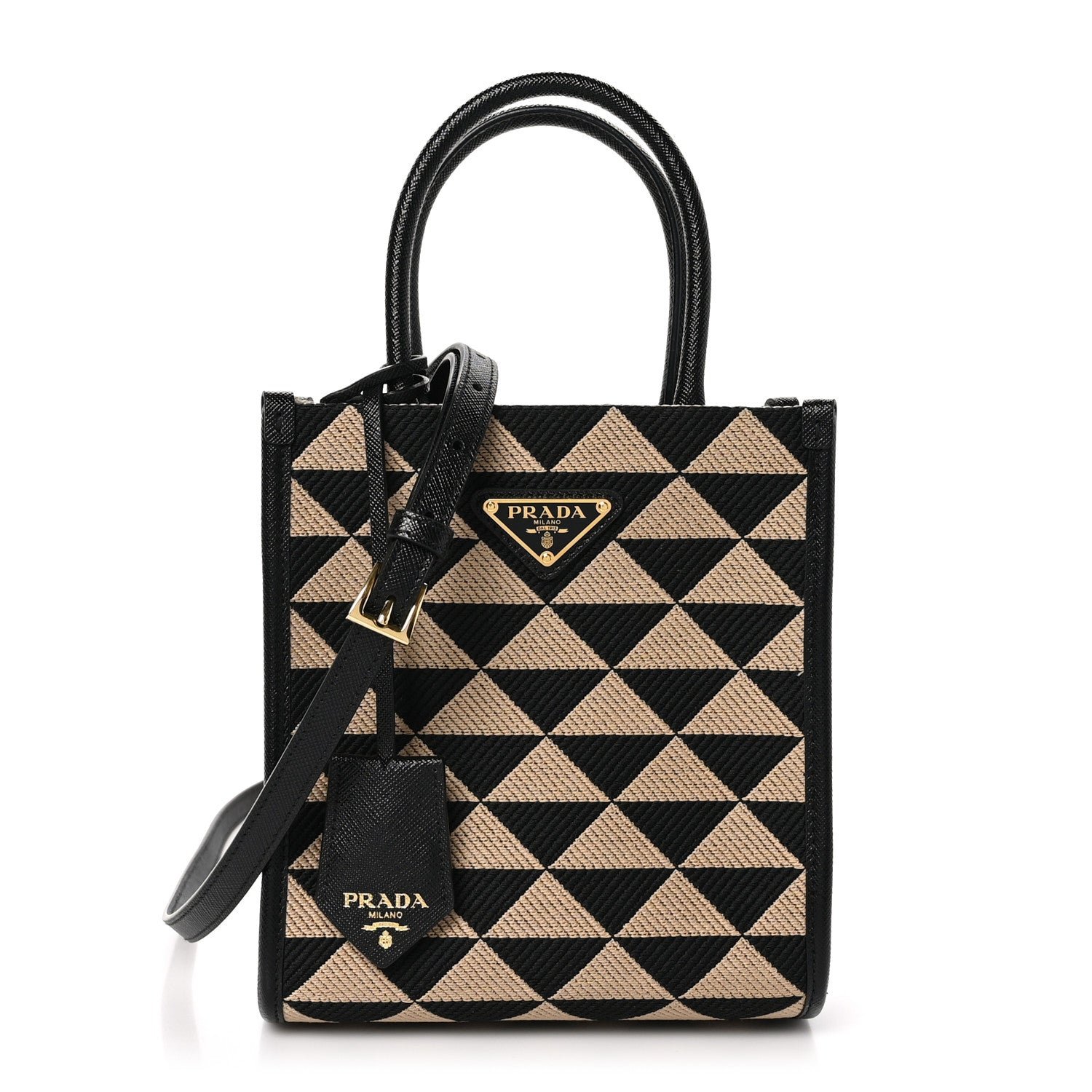 Prada Jacquard Saffiano Triangolo Symbole Embroidered Mini Tote Black Corda