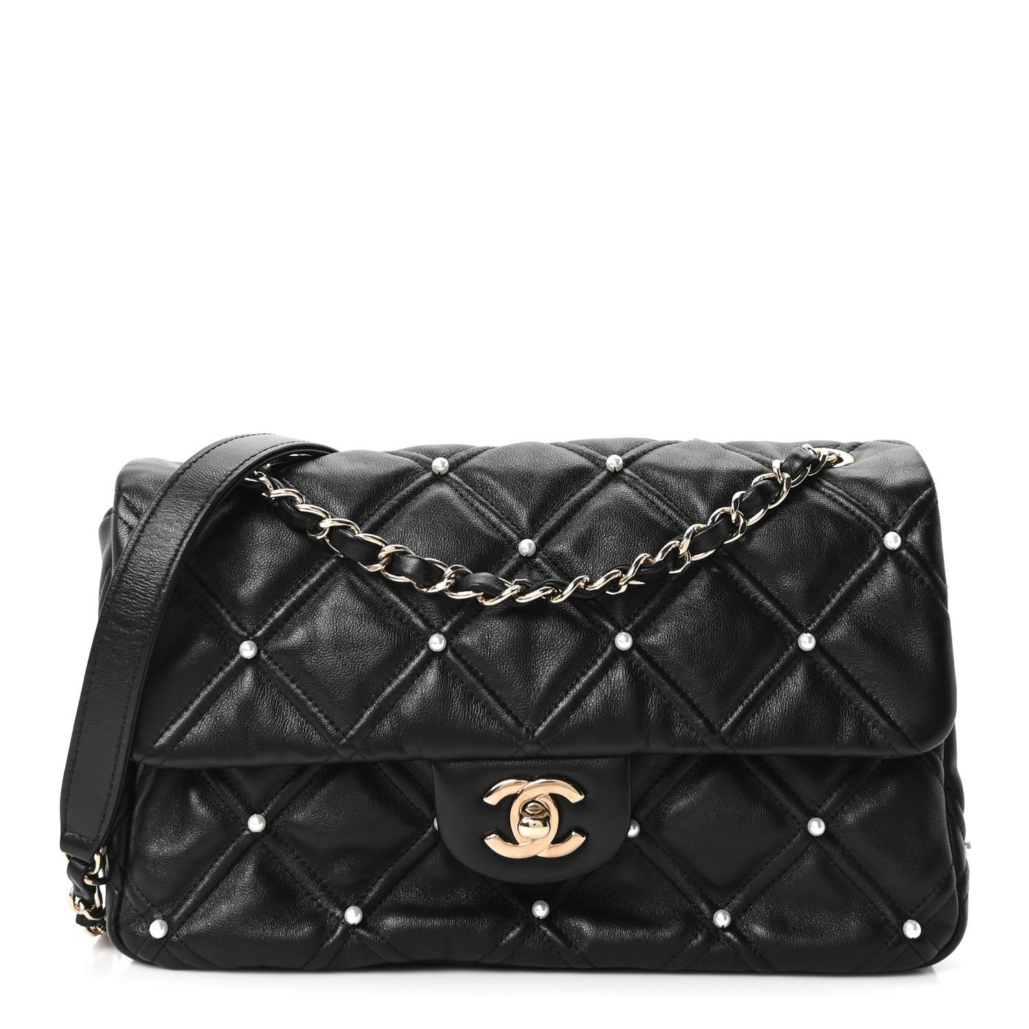 Chanel Lambskin Quilted Pearl Studded Flap Black