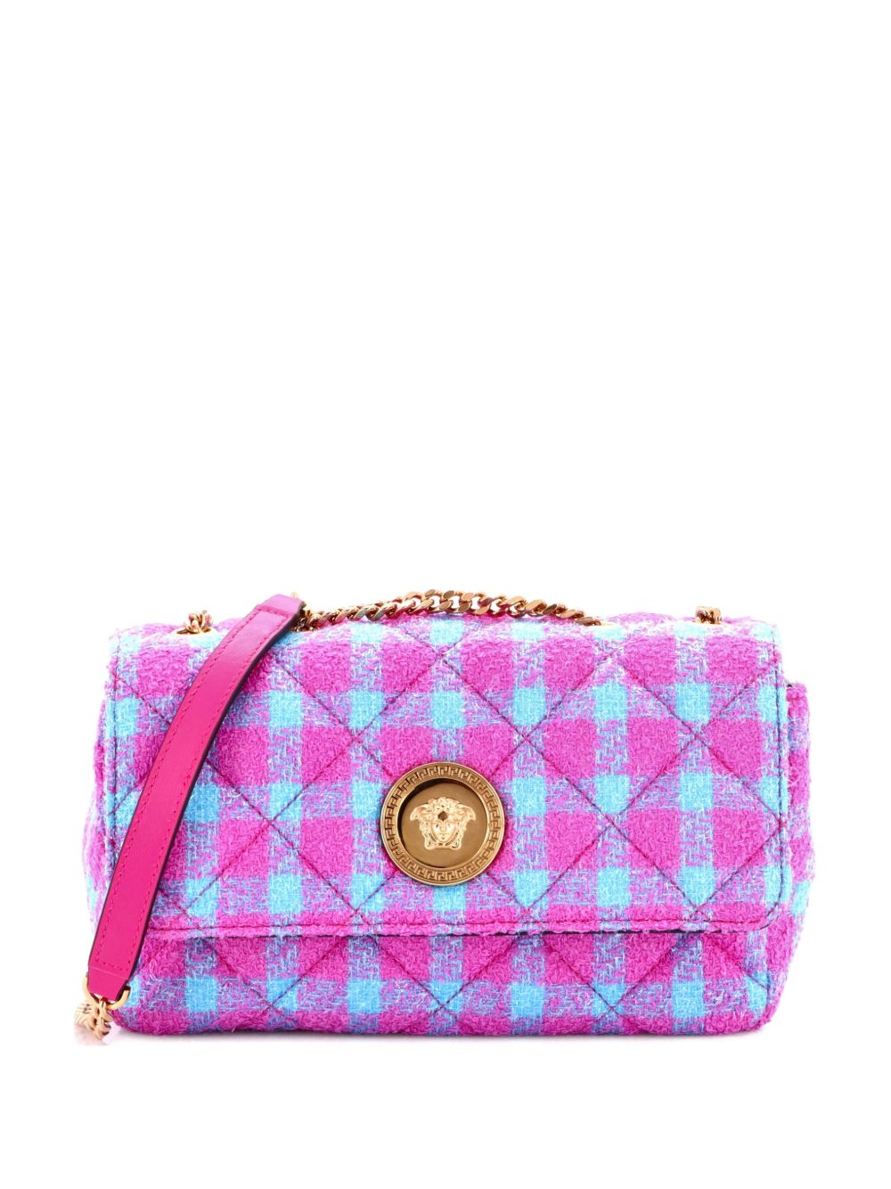 Medusa Icon Chain Flap Bag Quilted Tweed East West shoulder bag