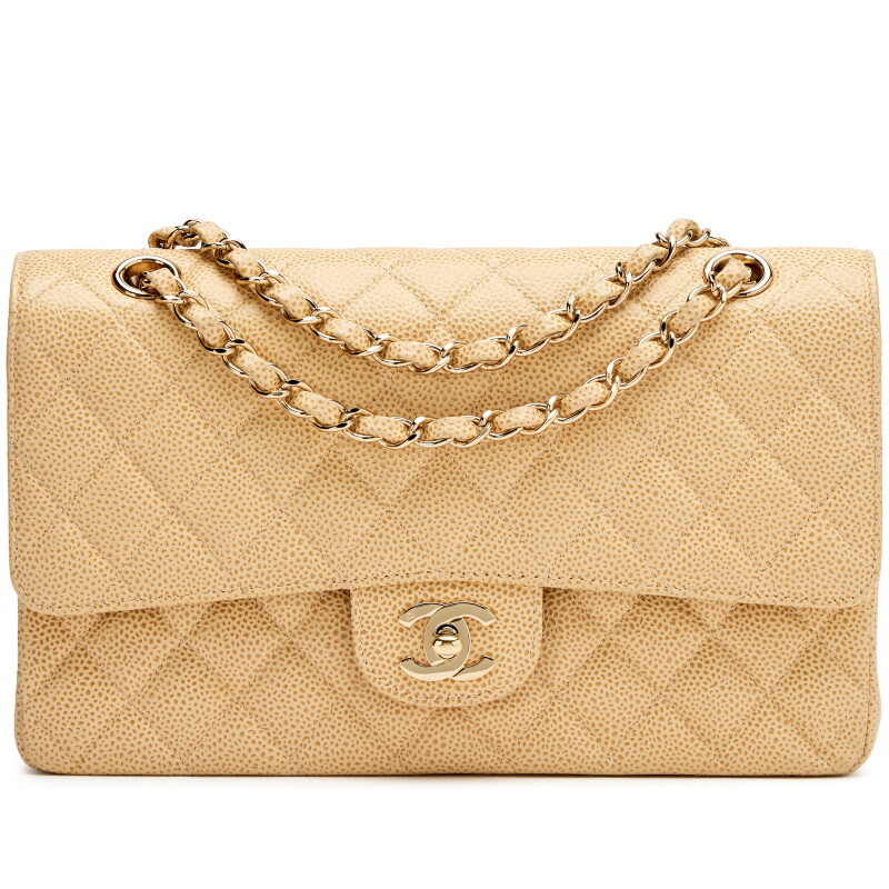 Vintage Light Beige Quilted Speckled Caviar Medium Classic Double Flap Bag Gold Hardware, 2002-2003