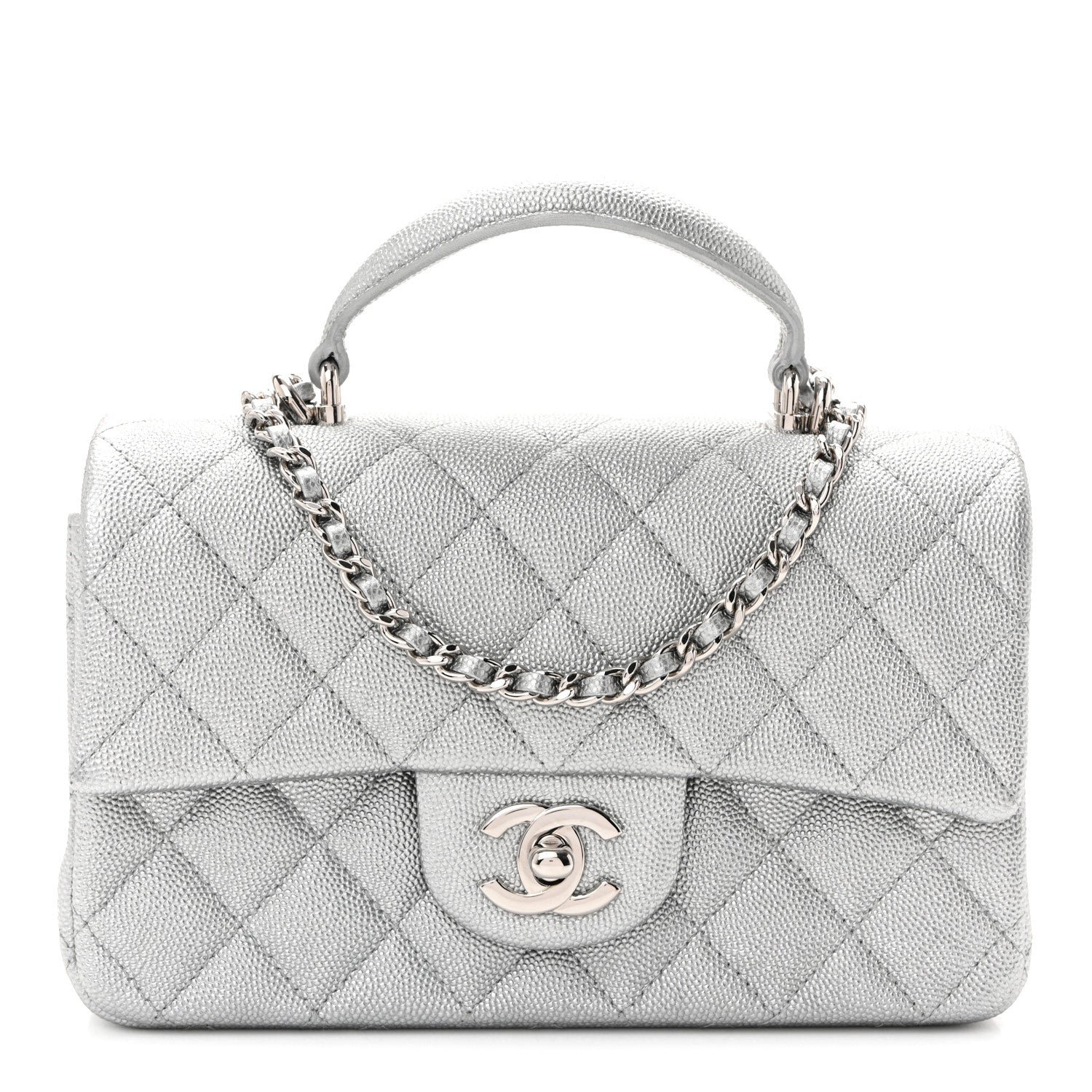 Chanel Metallic Caviar Quilted Mini Top Handle Rectangular Flap Silver