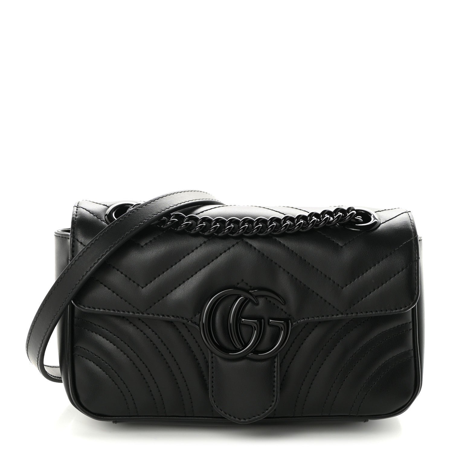 Gucci Calfskin Matelasse Monochrome Mini GG Marmont Shoulder Bag Black