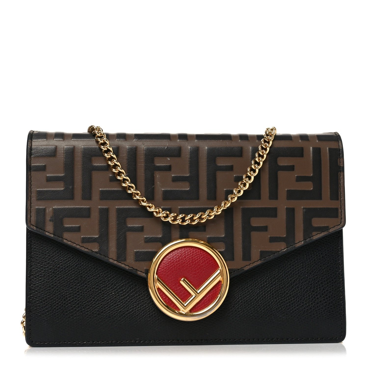 Fendi Vitello Cruise F is Fendi Bi-Color FF 1974 Embossed Medium Envelope Wallet On Chain Black Maya