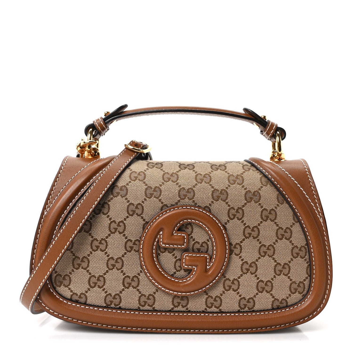 Gucci GG Monogram Calfskin Medium Blondie Top Handle Bag Beige Dark Brown