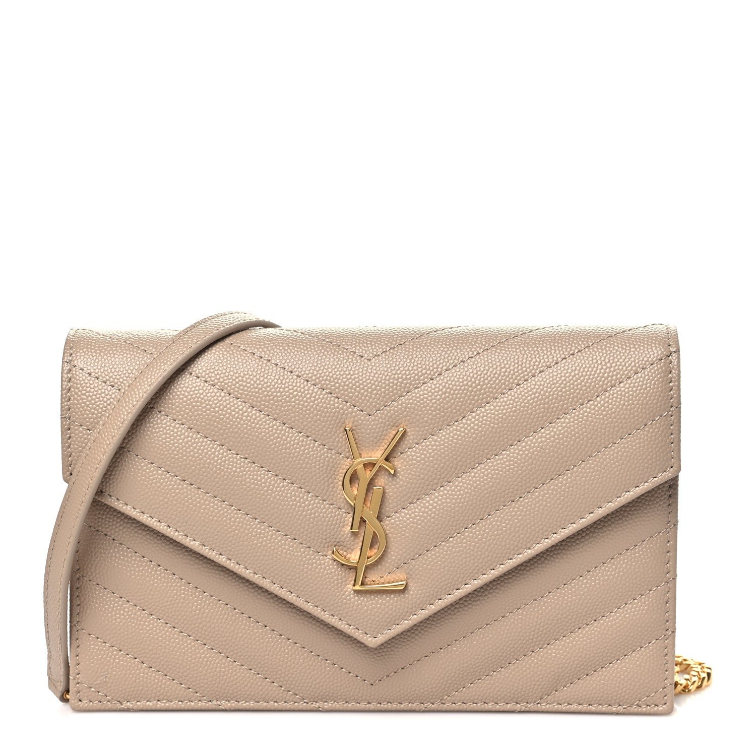 Saint Laurent Grain De Poudre Matelasse Chevron Monogram Envelope Chain Wallet Dark Beige