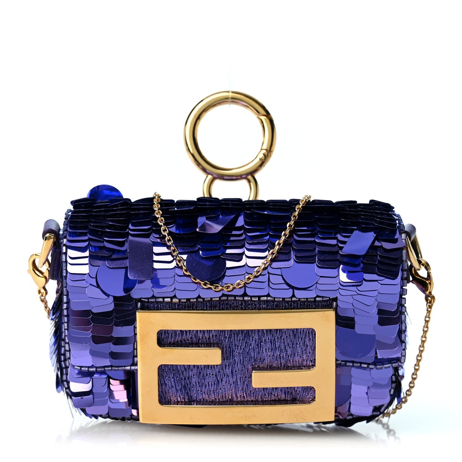 Fendi Sequin Paillettes Shiny Nappa Sex and the City Nano Maxi Buckle Baguette Charm Viola Purple
