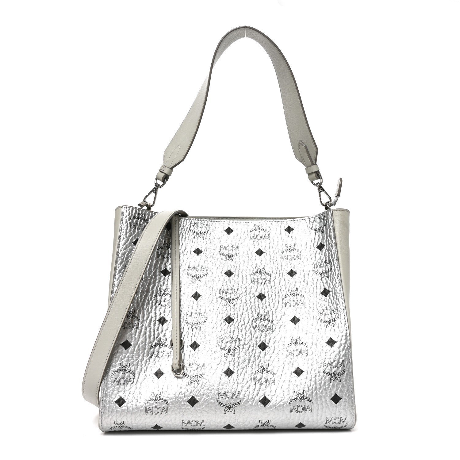 MCM Metallic Visetos Medium Aren Hobo Silver
