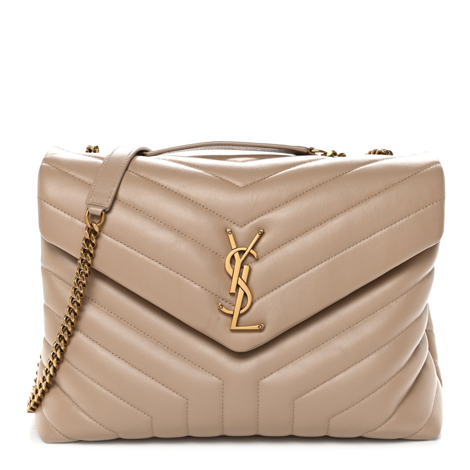 Saint Laurent Calfskin Y Quilted Monogram Medium Loulou Chain Satchel Dark Beige