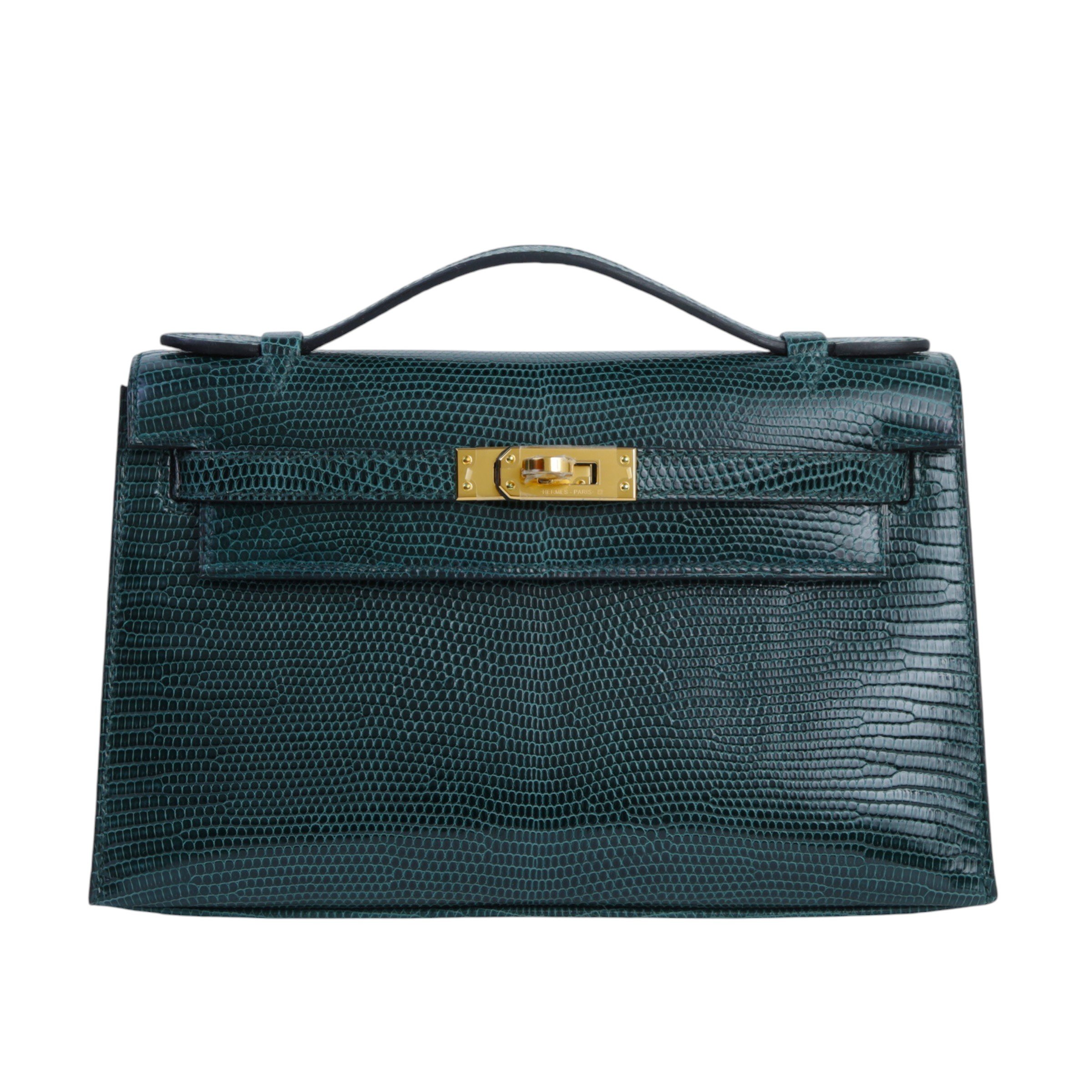 Unused ( Rank NS ) HERMÈS Kelly Pochette Vert Cypress (6O) Lizard Gold hardware U (2022)