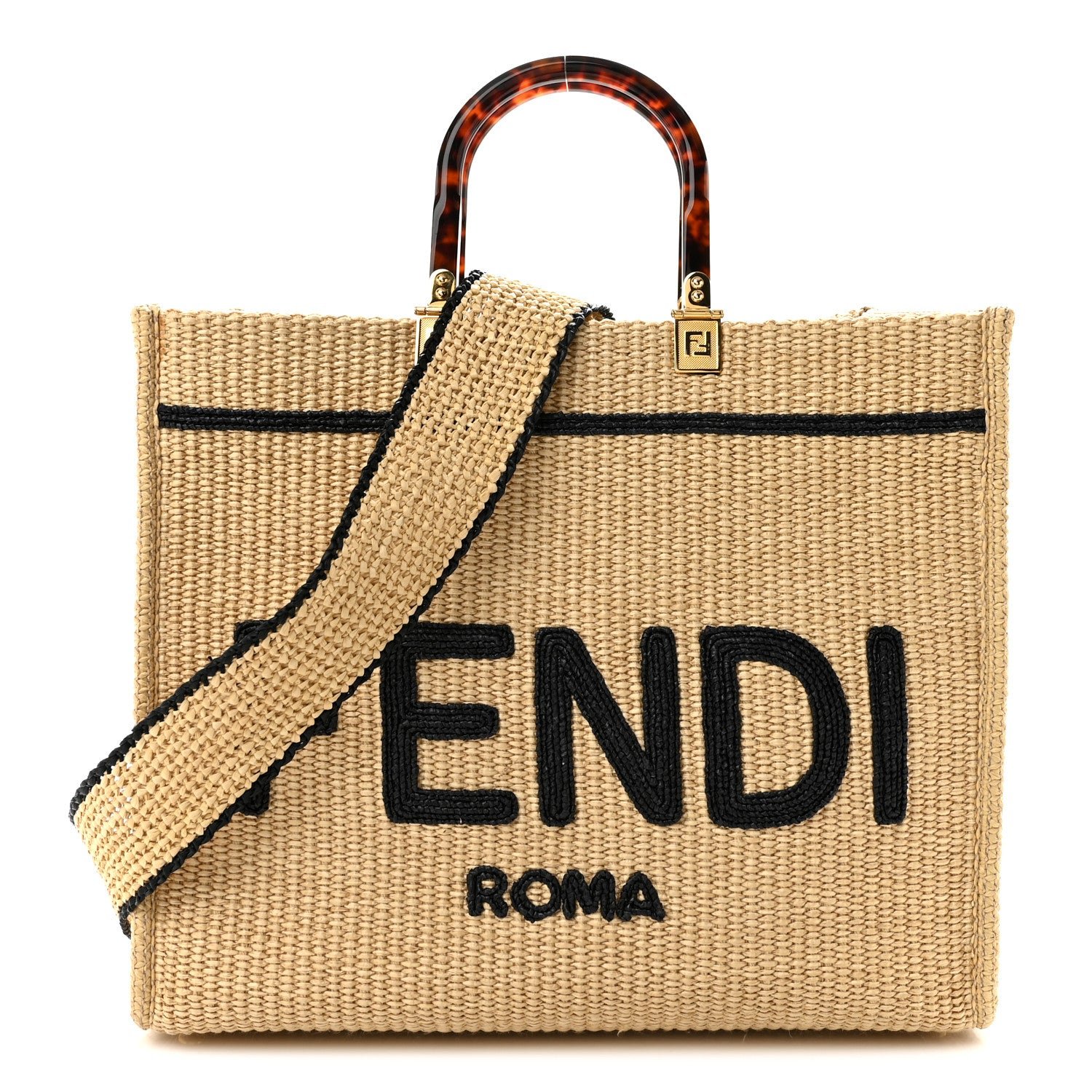 Fendi Straw Vitello King Plexiglass Woven Medium Fendi Sunshine Shopper Tote Natural Black