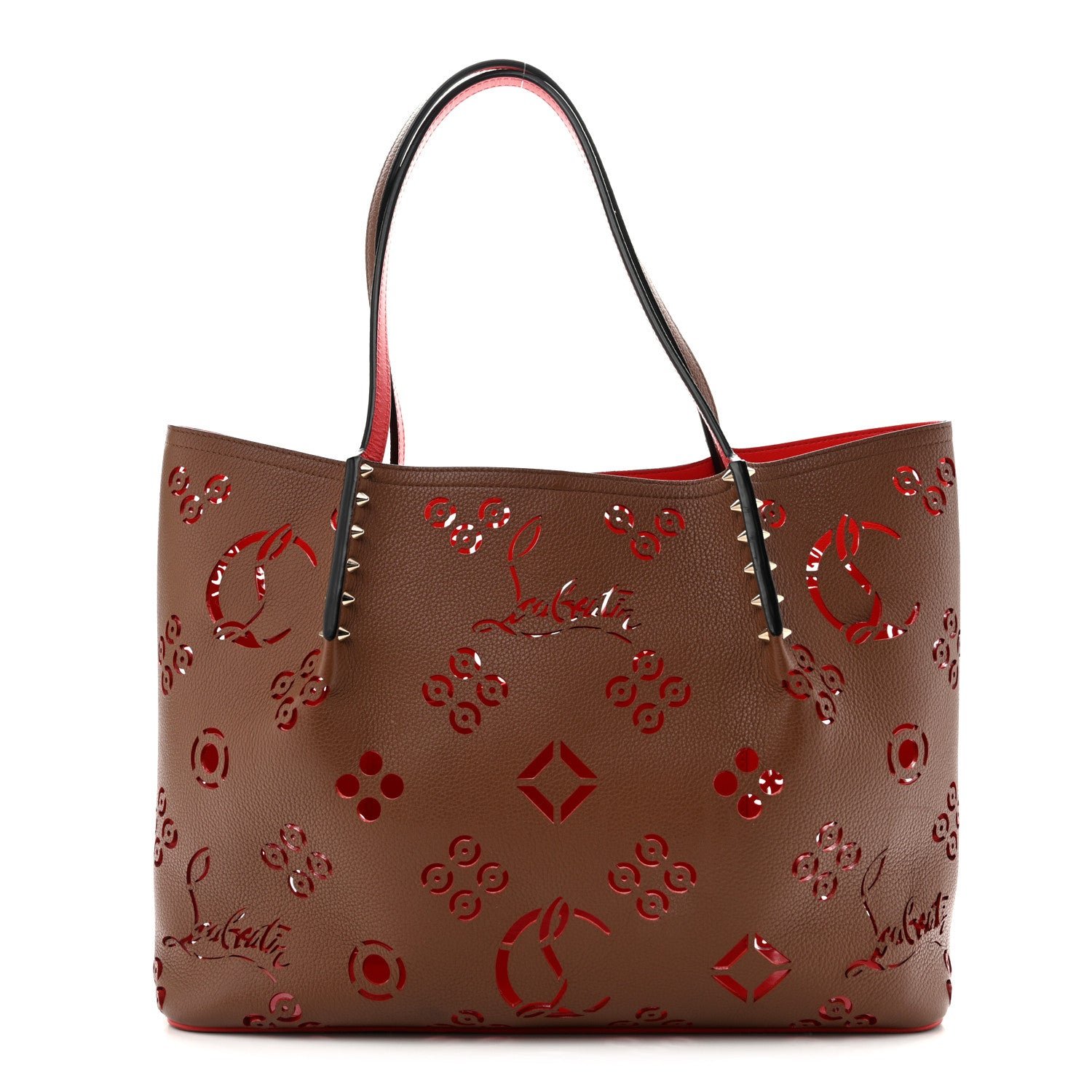 Christian Louboutin Calfskin Loubinthesky Small Perforated Cabarock Spikes Tote Biscotto
