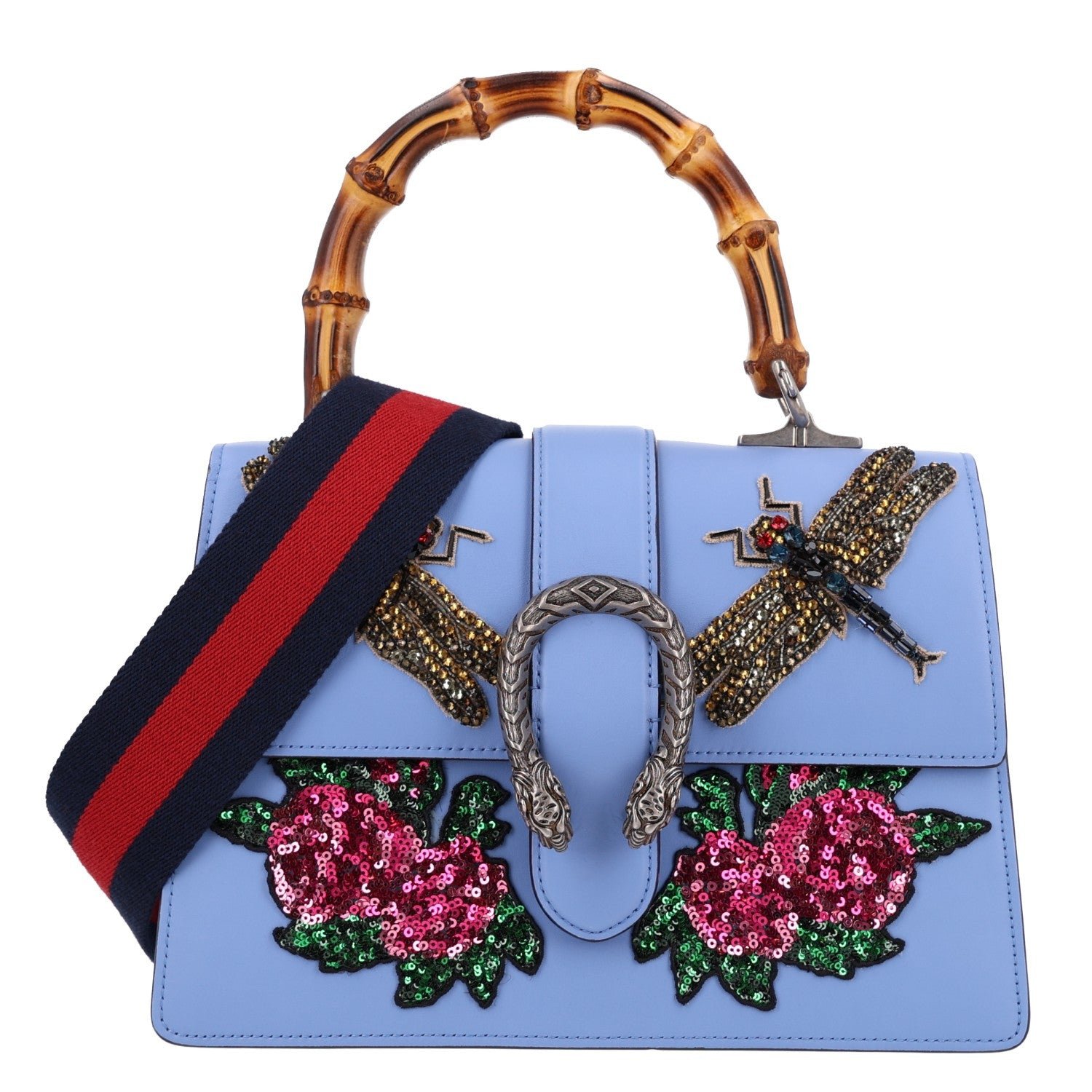 Gucci Calfskin Bamboo Web Embroidered Medium Dionysus Top Handle Bag Light Blue