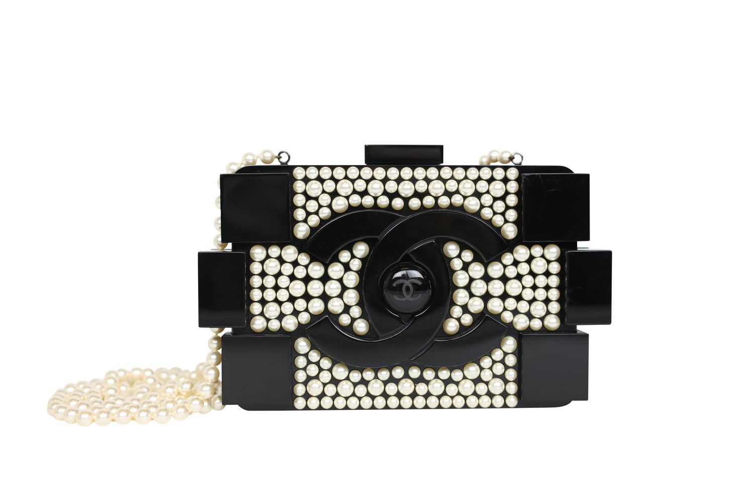 Chanel Clutch Lego, Black And Pearl Brick With Black Hardware Preowned In Dustbag MA001